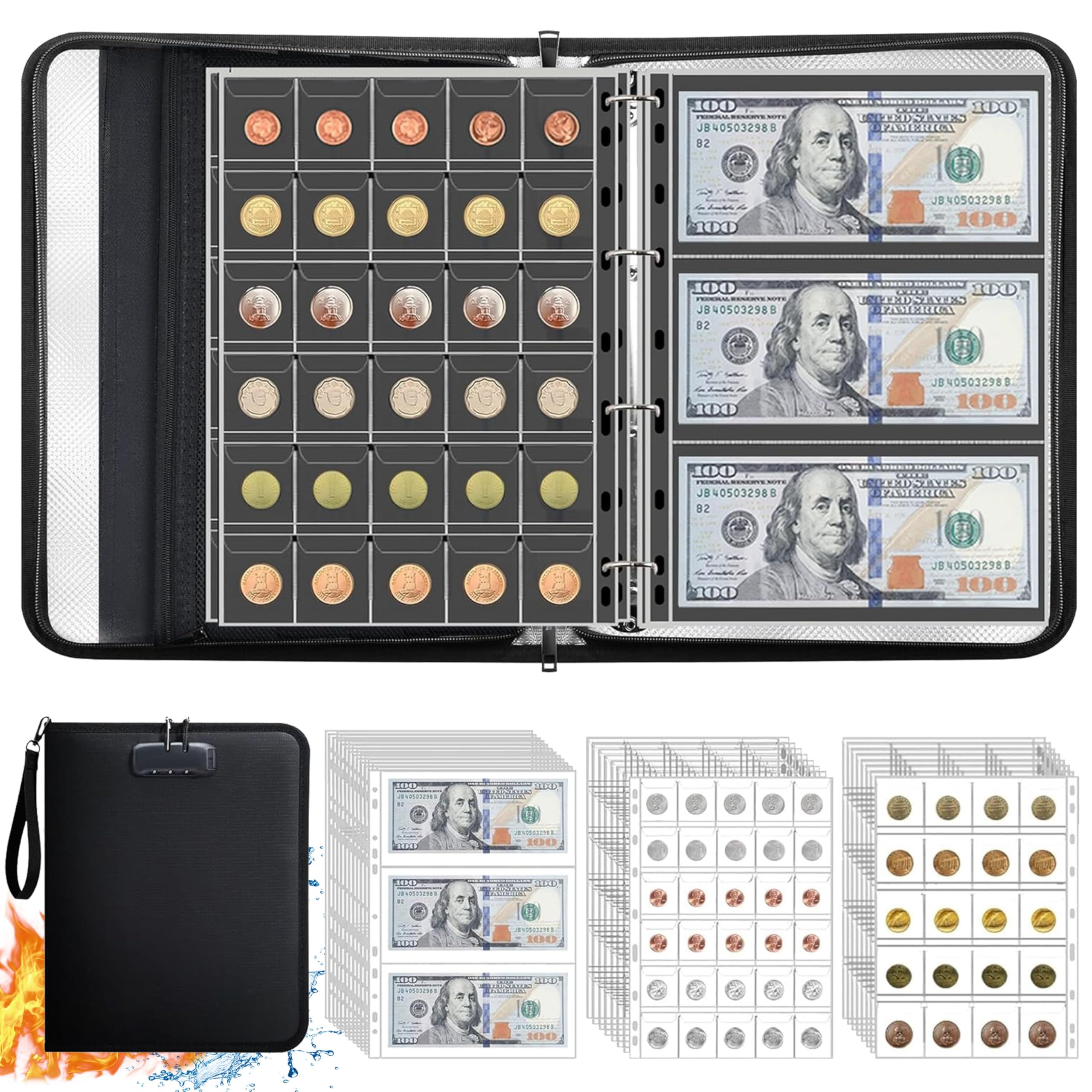 GerdfeiTawtab Coin Collection Book, Lockable Waterproof Fireproof Coin Album with Double-Sided Clear Pages, Currency Storage Book Collector Numismatic Storage Gift for Man