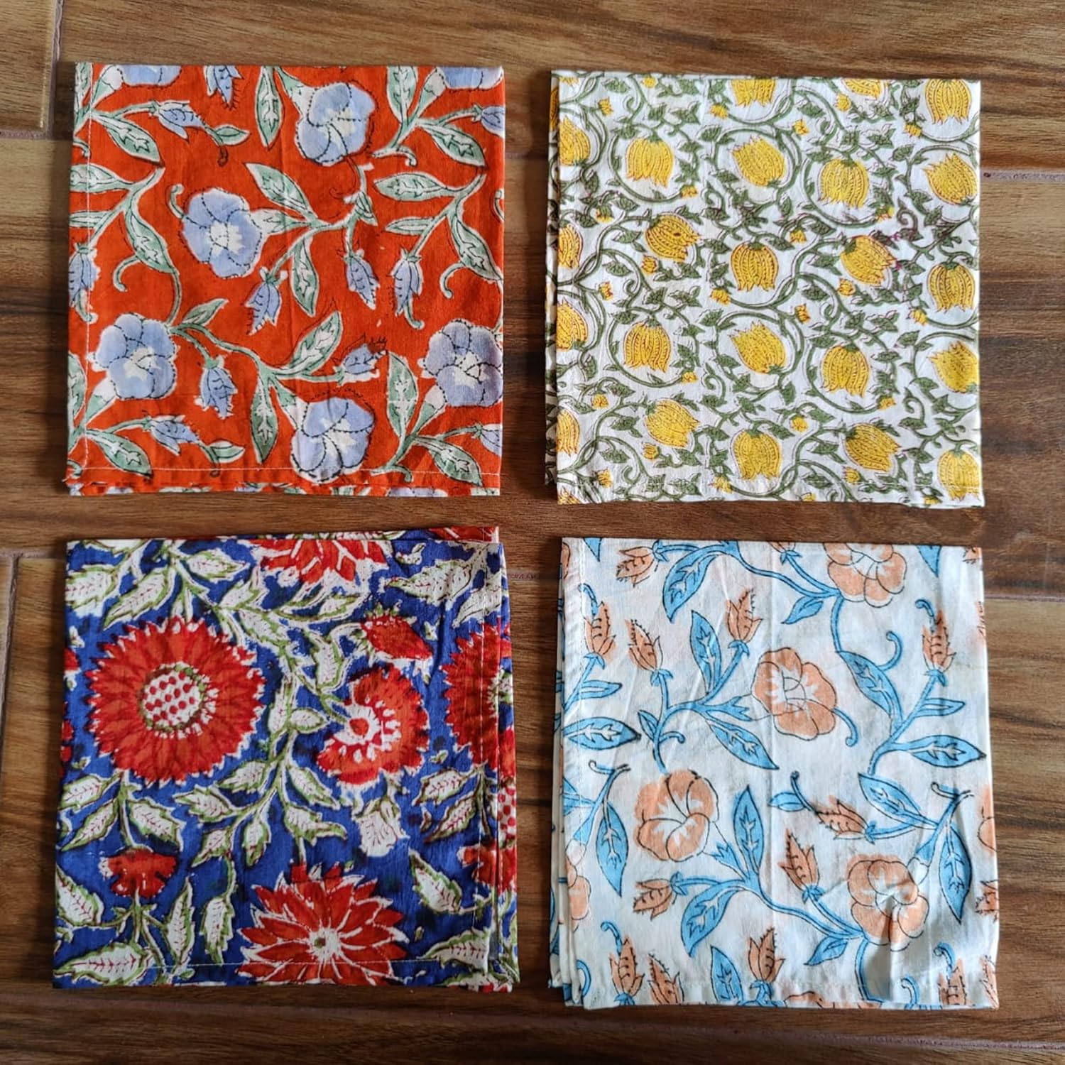 Assorted Wholesale lot of Table Napkins, Cotton Hand Block Printed Handkerchief for Dinning Table, Kitchen, Office, Restaurant for Party (100, 50 x 50 cms)