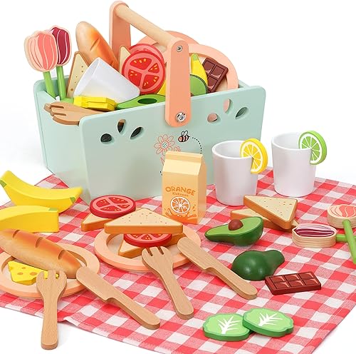 Miniatura 8 de Juego de madera de pícnic, 31 piezas, juegos de comida de madera para jugar, sándwich, juguetes apilables para niños, juegos de simulación, juguetes