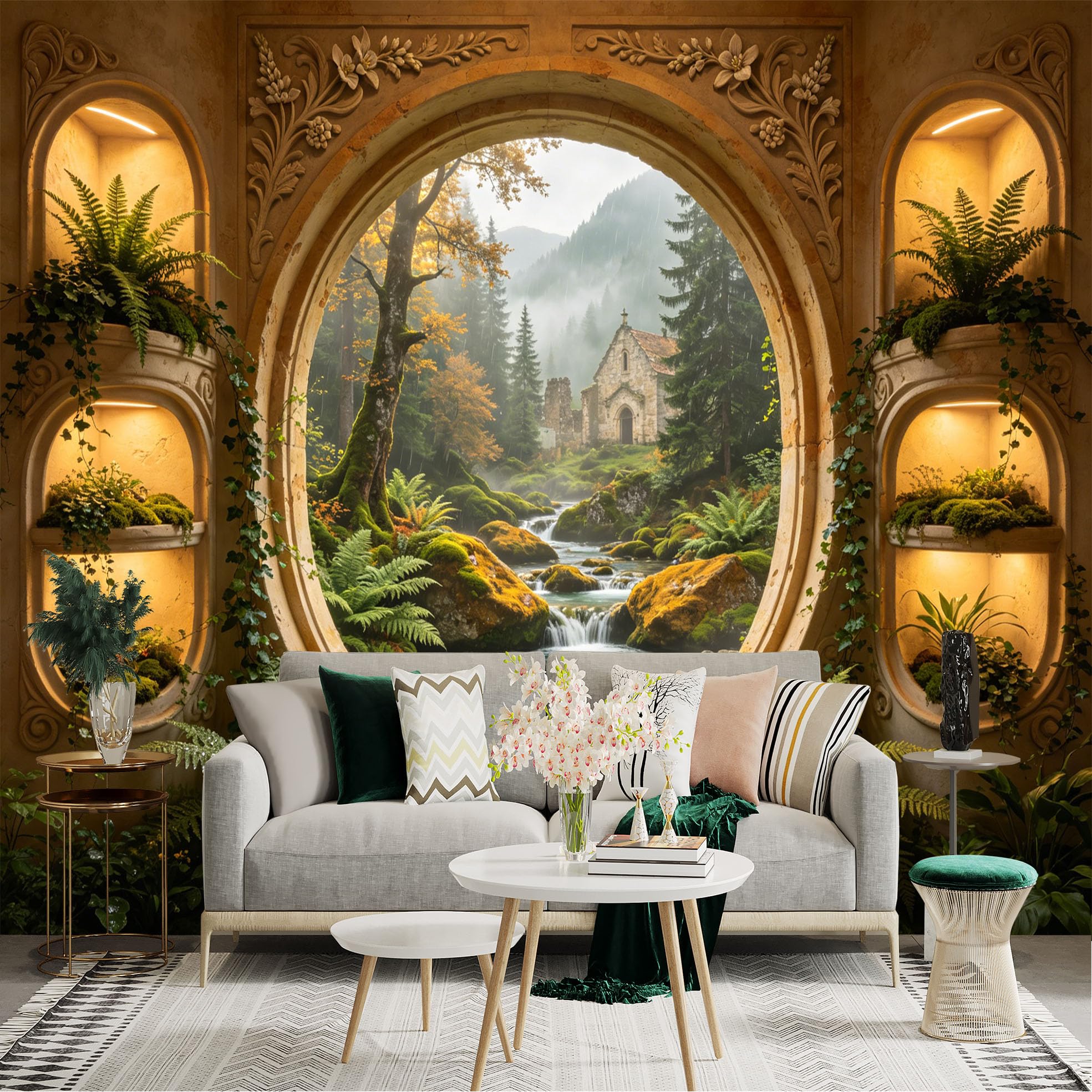 Custom Size Wall Sticker Mural， Enchanted Forest Waterfall with Stone Cottage and Lush Greenery， for wall Decoration， peelandstick wall Decals.