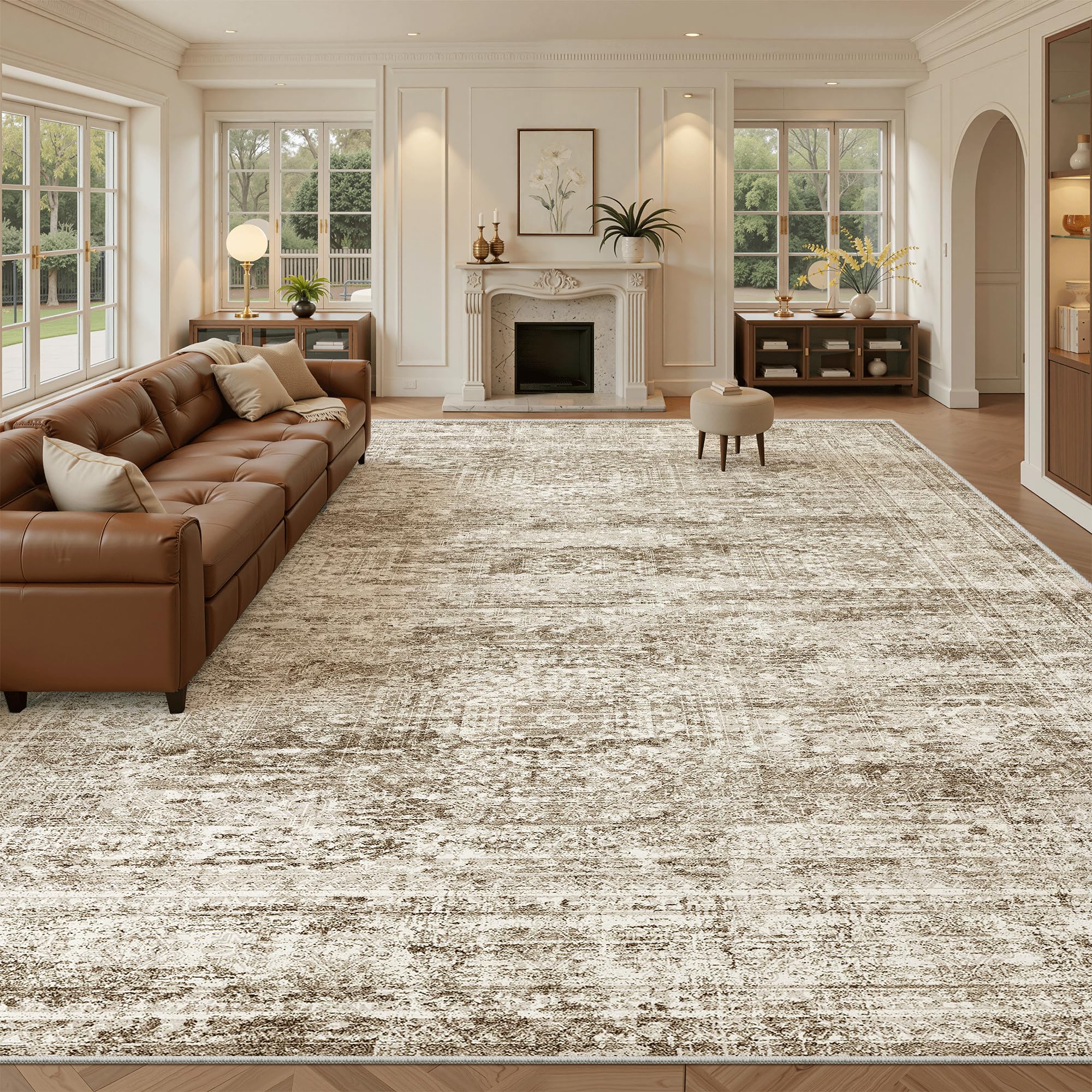 Soalmost 12x15 Washable Area Rug Brown Neutral Abstract Living Room Large Carpet Non Slip Bedroom Indoor Office Dining Room Low Pile Thin Rug