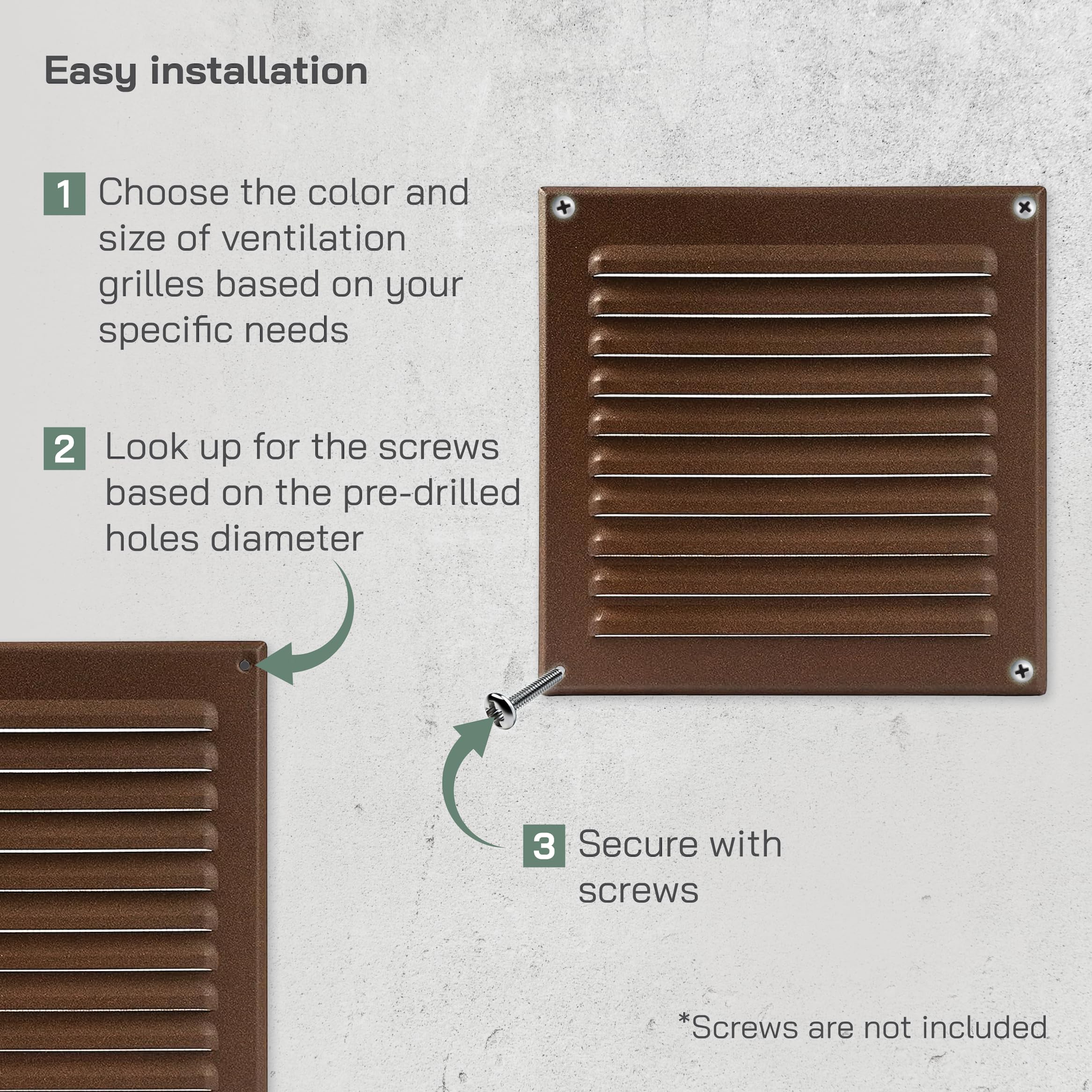 Vent Systems 250 x 250 mm / 9.84" x 9.84" Inch Brown Metal Soffit Air Vent Cover, Square Louvered Gable Vent with Mesh Screen - Image 4