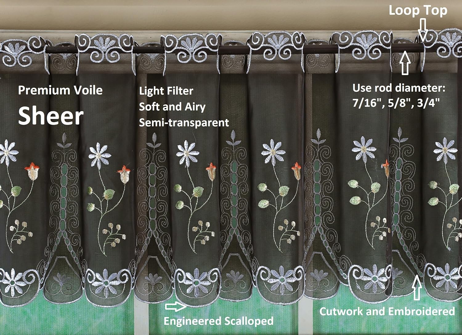 Today's Curtain, Sorento Embroidered Sheer Tier 24", Black, 59" W x 24" L