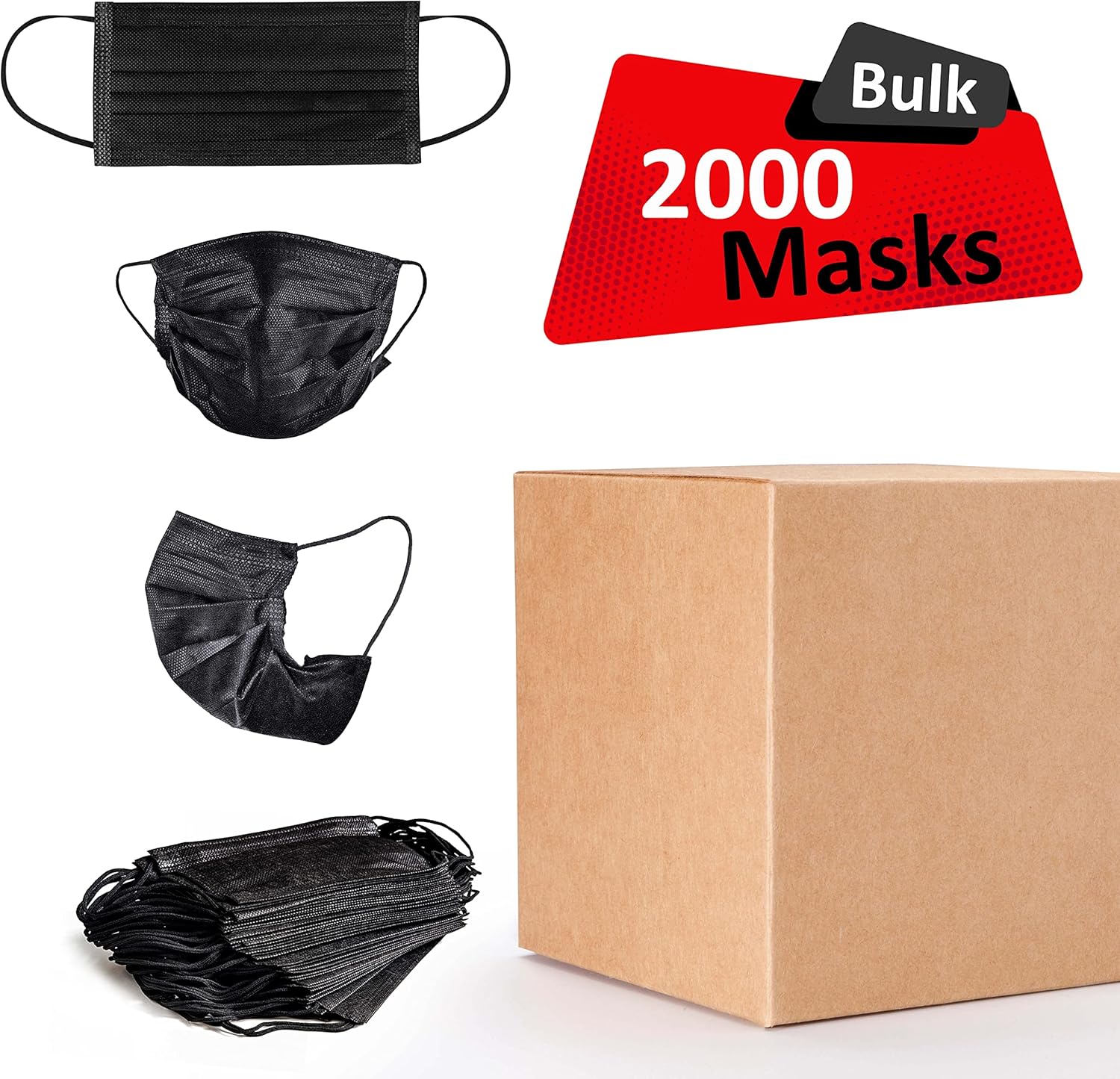 2000 Black Disposable Face Masks Bulk (40 Packs, 50pcs/Pack), Non Woven Thick 3-Layers Breathable Facial Masks with Adjustable Ear loop, Mouth and Nose Cover