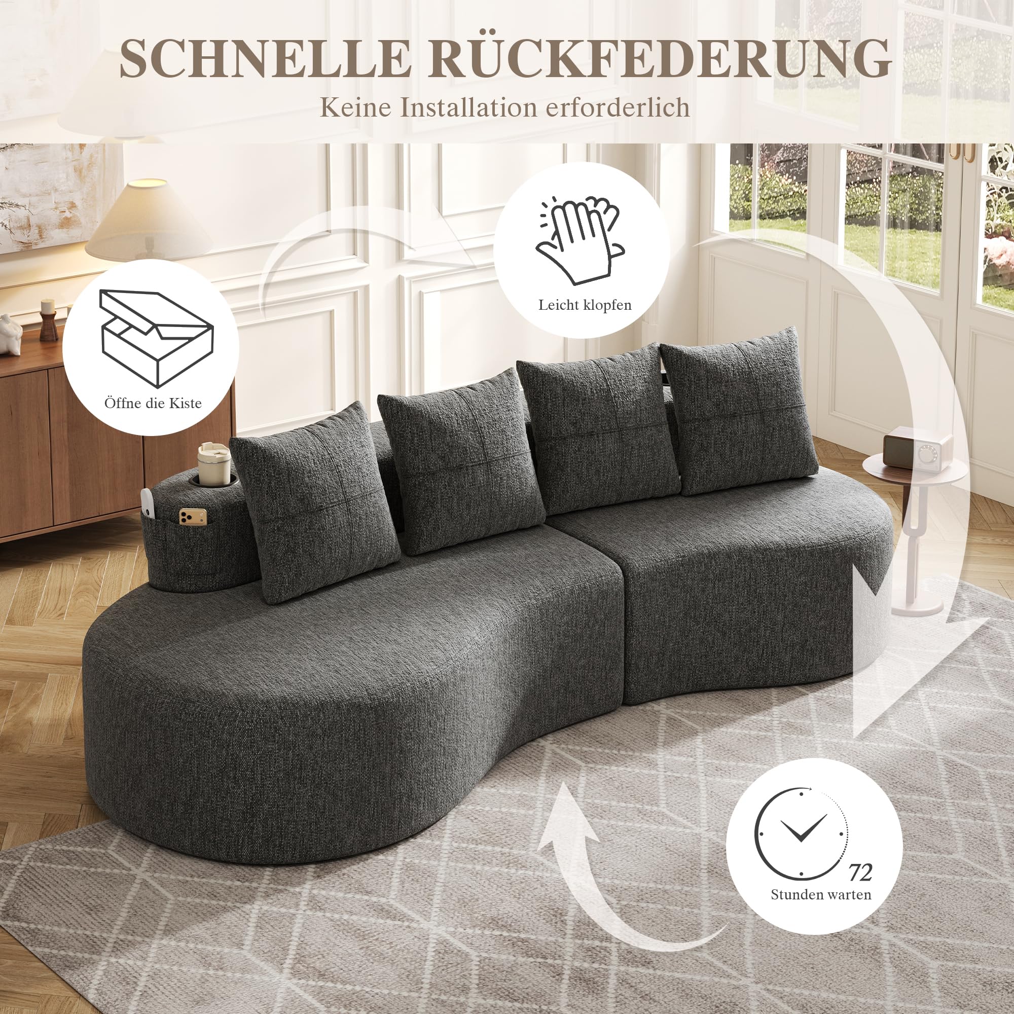 Sofá Cloud de Bladez, sofá curvo con tela de lino, sofá modular con 4 cojines, portavasos y bolsillo lateral, sofá sin patas con relleno de espuma de alta densidad y piezas de resorte, para salón