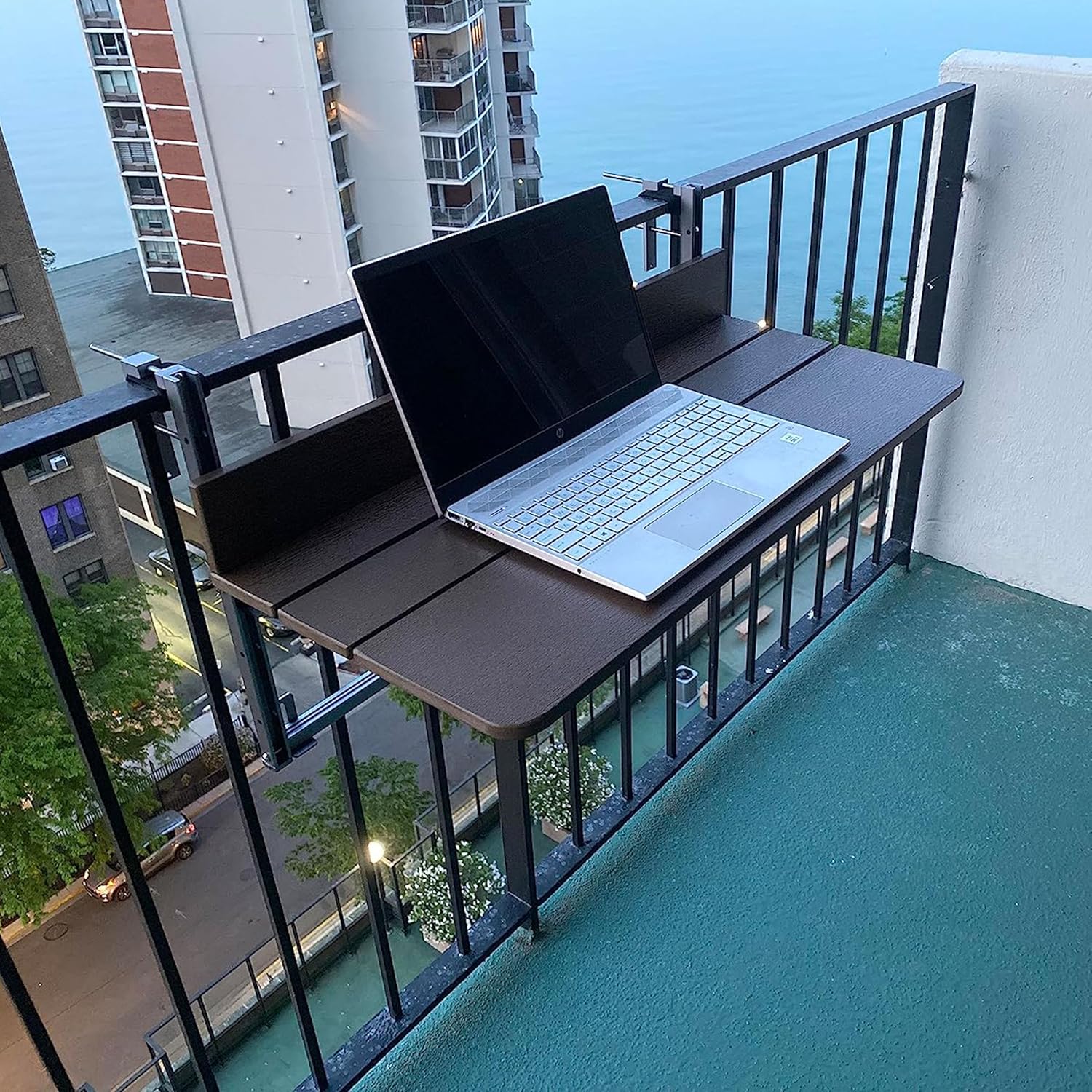 Balcony Bar Table for Railings Folding Hanging Outdoor Adjustable Deck Rail Table for Patio, Garden(Brown, 60 * 37cm/23.6 * 14.56inch)