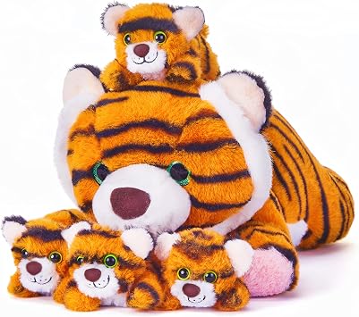 EARTHSOUND Tiger Stuffed Animals with Babies Inside, Mommy Plush for Kids | 5-Piece set1 mom tiger with 4 babies.Small Mama Toys with Mini Little Babies,Family Set Gifts for Kids of Ages 3 4 6 7 8+