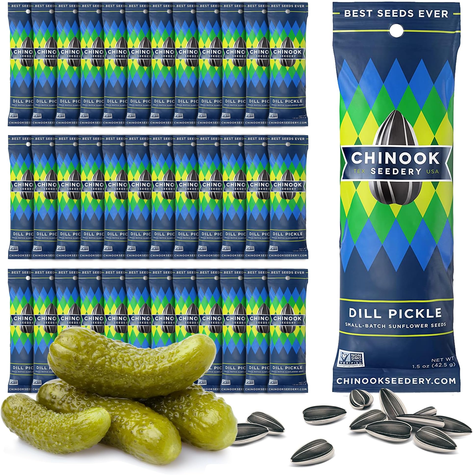 Chinook Seedery Low Sodium Sunflower Seeds โ Dill Pickle Flavor, Pack of 36, 1.5oz โ Sunflower Seeds to Eat โ Keto, Jumbo, Roasted, Baseball Snacks