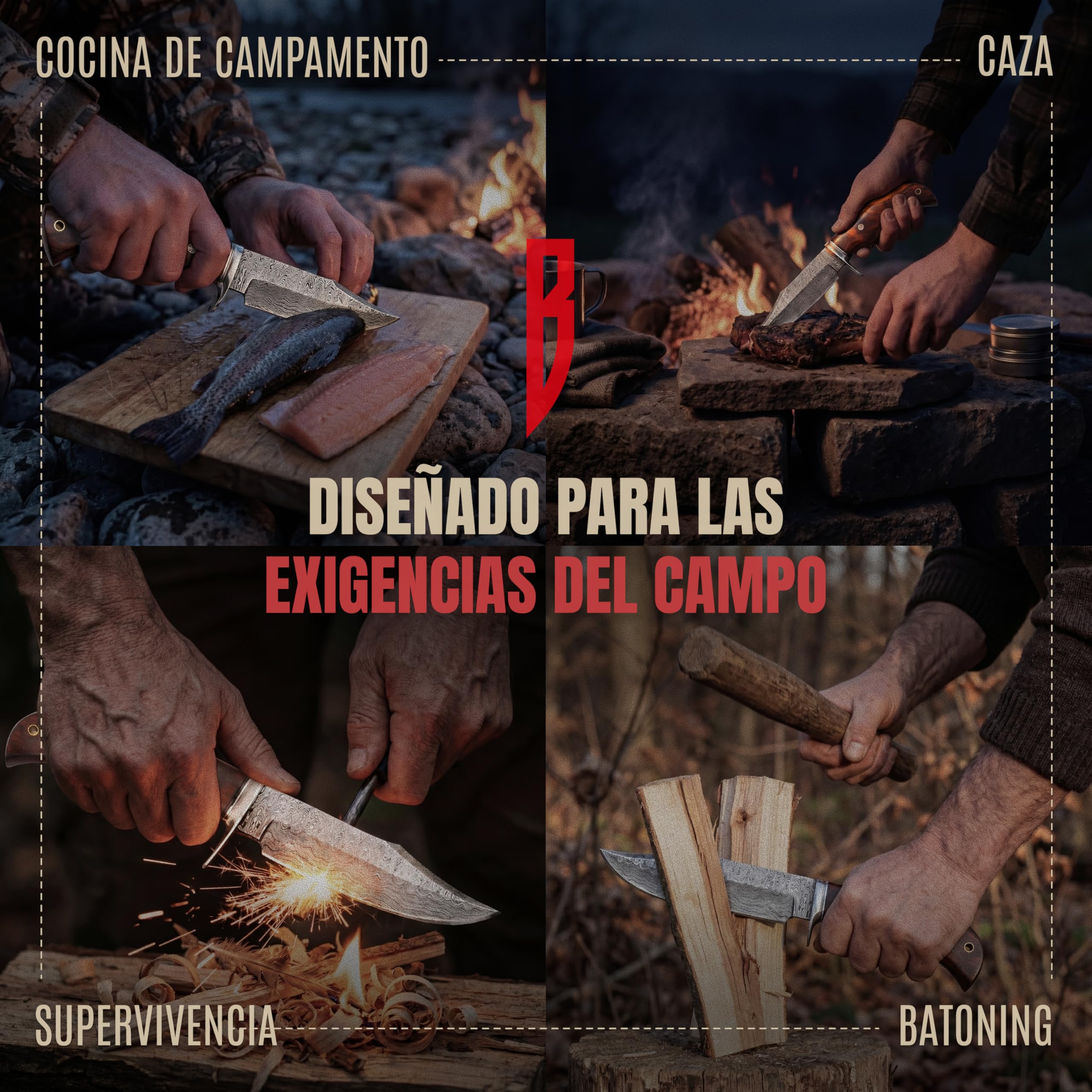 BIGCAT ROAR Cuchillo de Caza Premium Hecho a Mano de Acero de Damasco con Funda - 25 cm Hoja Fija con Mango de Madera de Nogal - Cuchillo Multiuso para Hombre - Bear Hunter