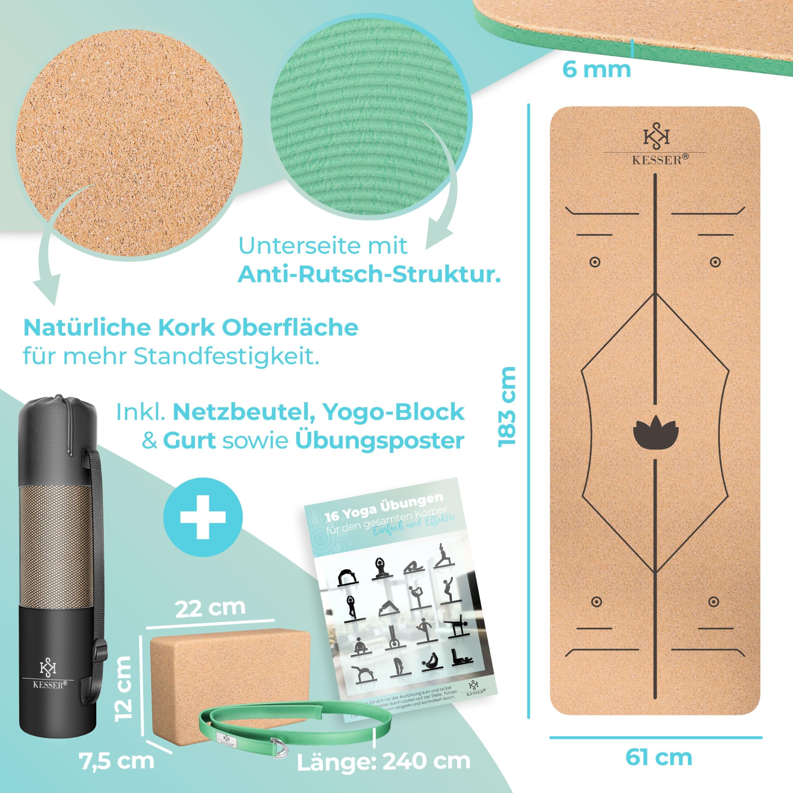 KESSER® Yogamatte Kork Inkl. Tragegurt Tasche & Block Gymnastikmatte - Matte rutschfest aus Naturkautschuk TPE Fitnessmatte, 183 x 62 Trainingsmatte für Fitness Sportmatte, Gymnastik extradick