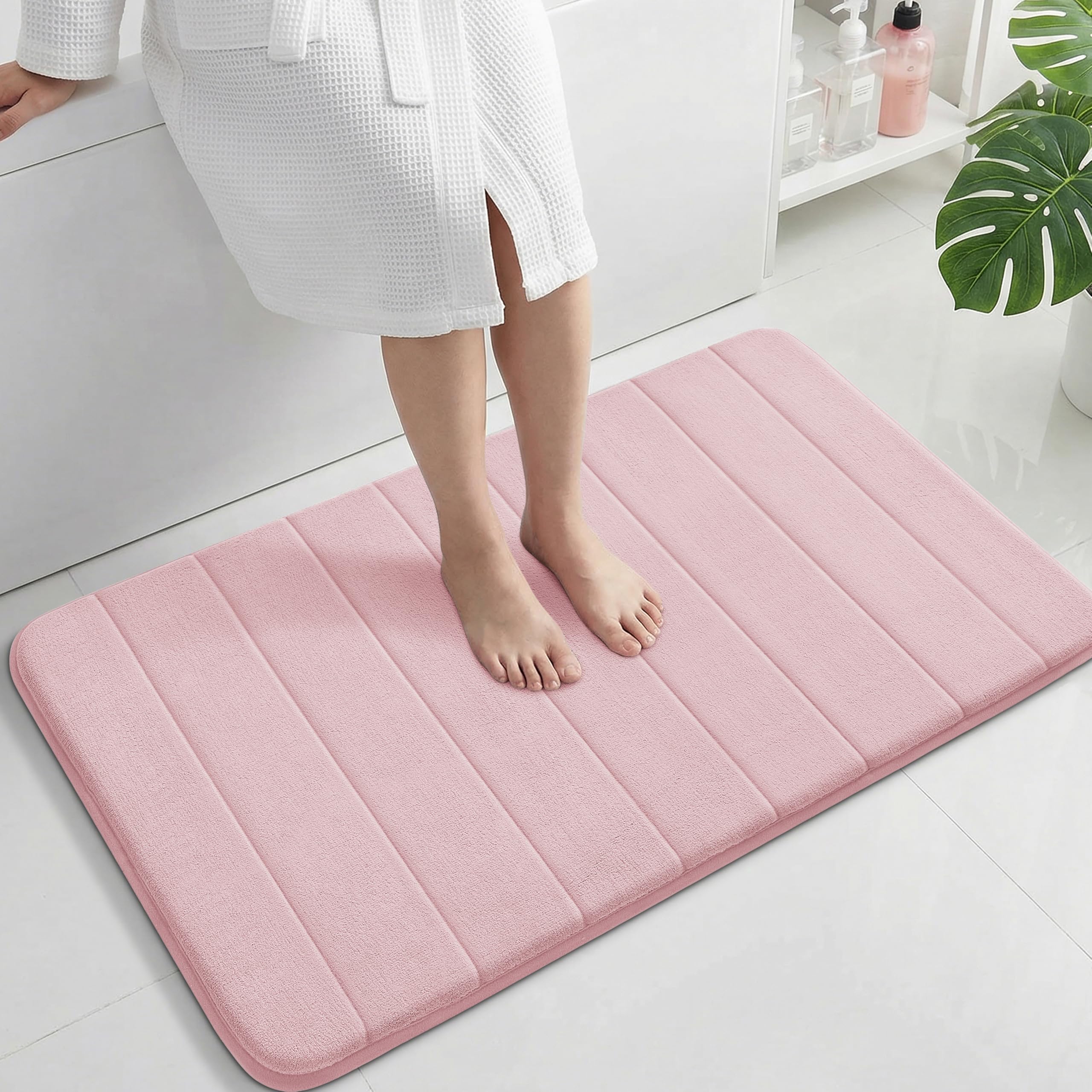 Yimobra Large Bath Mat 36"x24", Super Soft Quick Dry Memory Foam Bathroom Rug, Water Absorbent, Non Slip Backing Machine Washable for Tub Shower, Thick Comfort Support, Pink