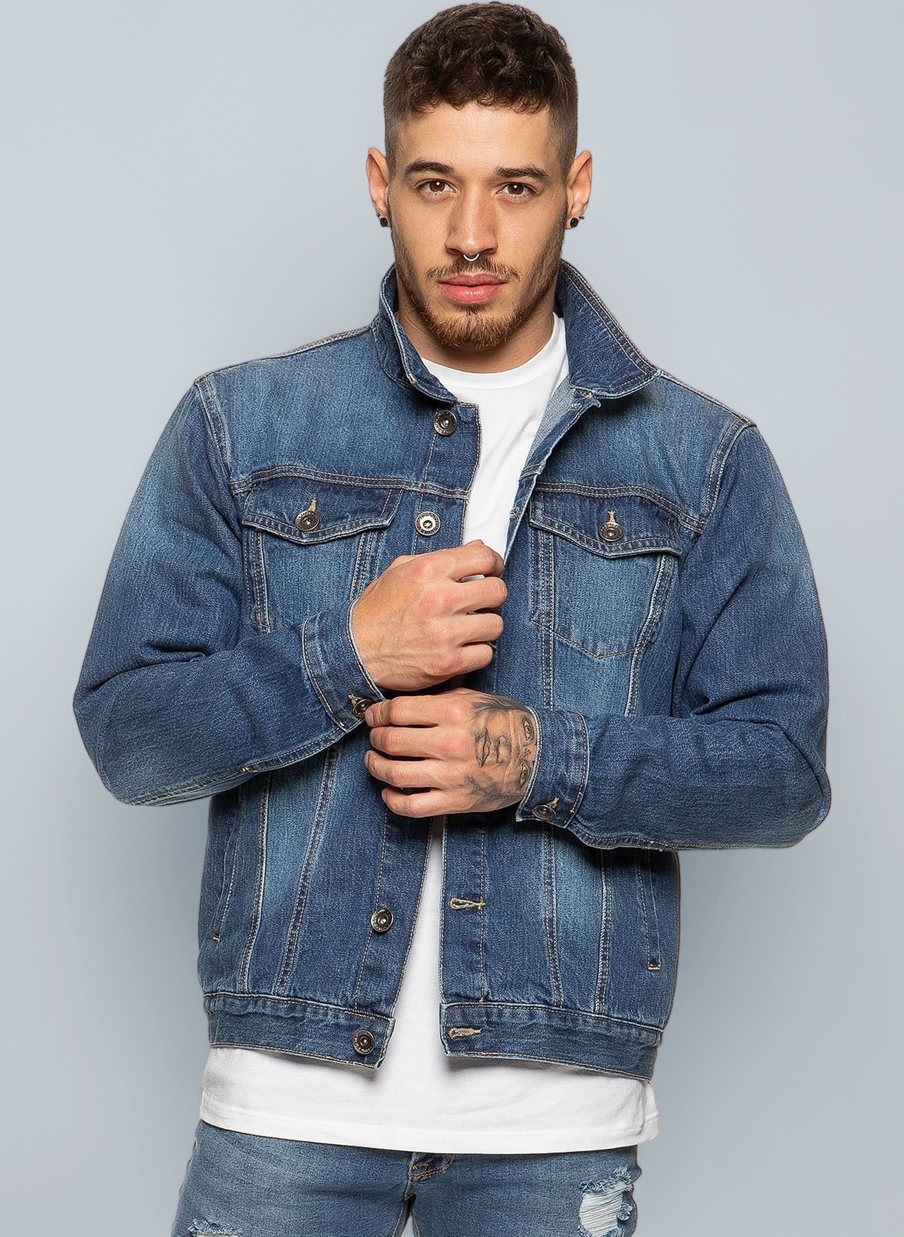 Enzo Mens Designer Denim Jacket Western Classic Style Trucker Vintage Style Coat