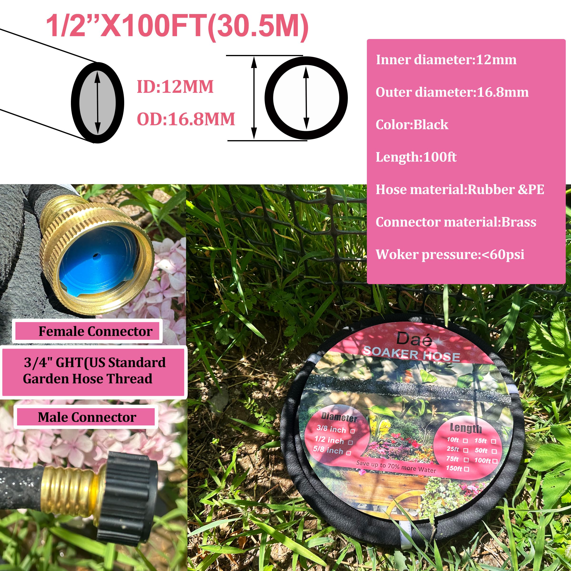Daé Rubber Soaker Hose, 1/2 inch, 100ft Garden Hose for Irrigation,Water-Saving up to 70%, Brass Connector Leak-Proof, Heavy-duty Hose, Watering for Trees,Lawns, Vegetables and Flowers.?1/2x100ft?