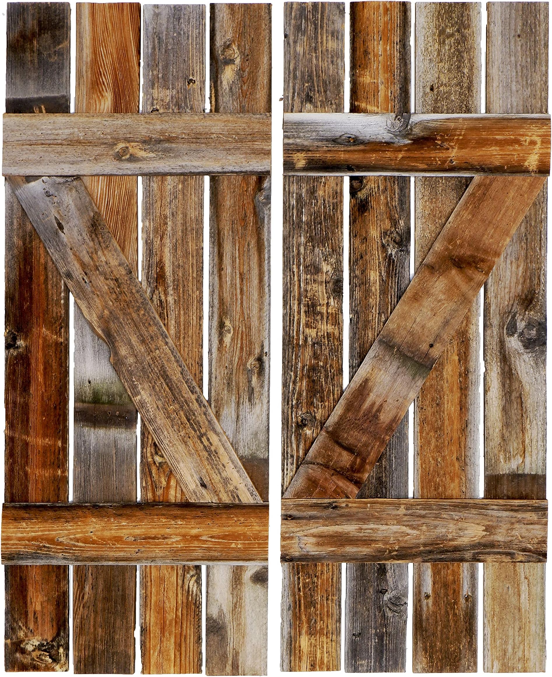Rustic Interior Barnwood Window Shutters Set of 2. 14 Inches Wide X 36 Inches Tall. Reclaimed Barn Wood Decorative Farmhouse Vintage Style Wooden slat Wall Decor, Exterior.