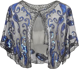 1920s Shawl Wraps Sequin Beaded Evening Cape Bridal Shawl Bolero Flapper Cover Up
