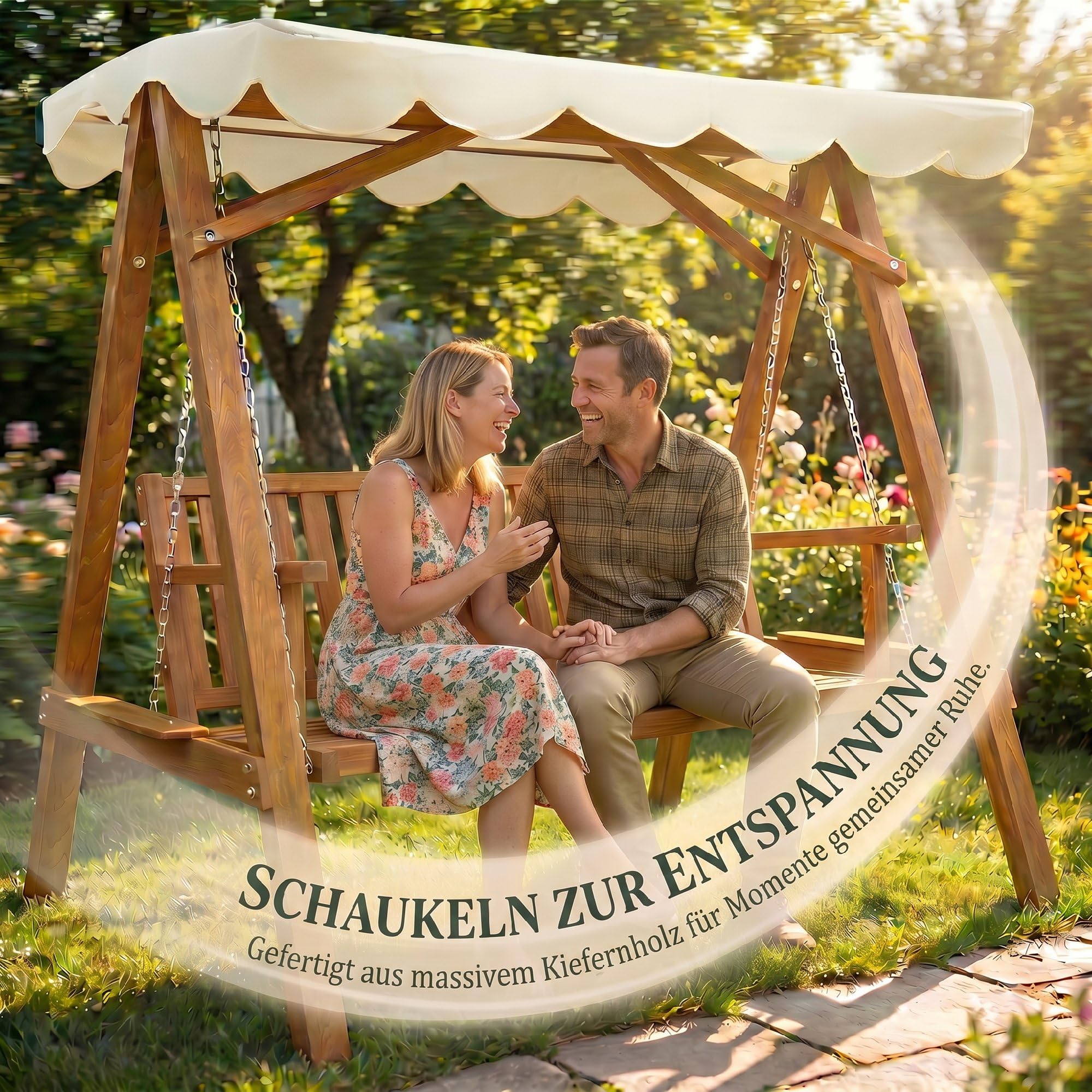 Outsunny Hollywoodschaukel Gartenschaukel Schaukelbank Schaukel 2-Sitzer Lärche Natur+Creme
