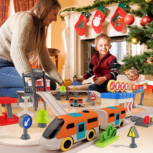 Miniatura 7 de Juego de tren urbano para niños, 55 piezas de tren eléctrico simulado sistema de transporte urbano, juguetes educativos para niños pequeños, regalos
