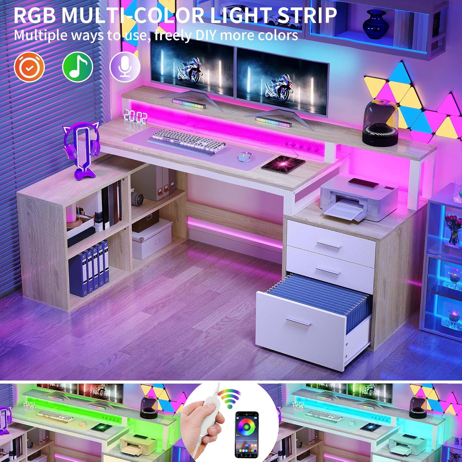 Image showing the L-shaped desk with RGB LED lights illuminated in various colors, demonstrating the customizable lighting feature.