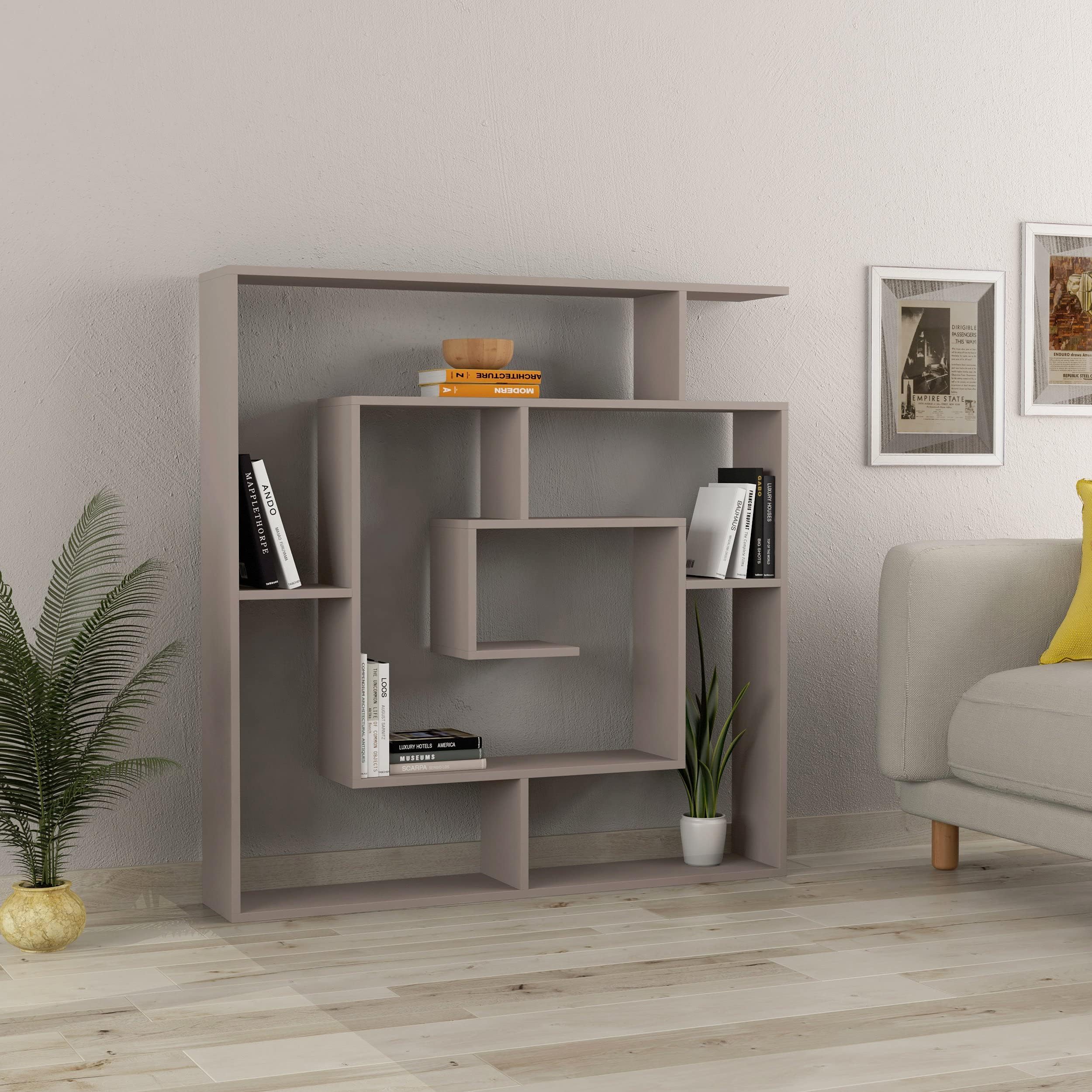 Decortie Labirent Bookcase, Multi Open Levels Shelving System Ideal For Home Office, Corridor And Living Room D 22 x W 125 x H 129 cm (Light Mocha)