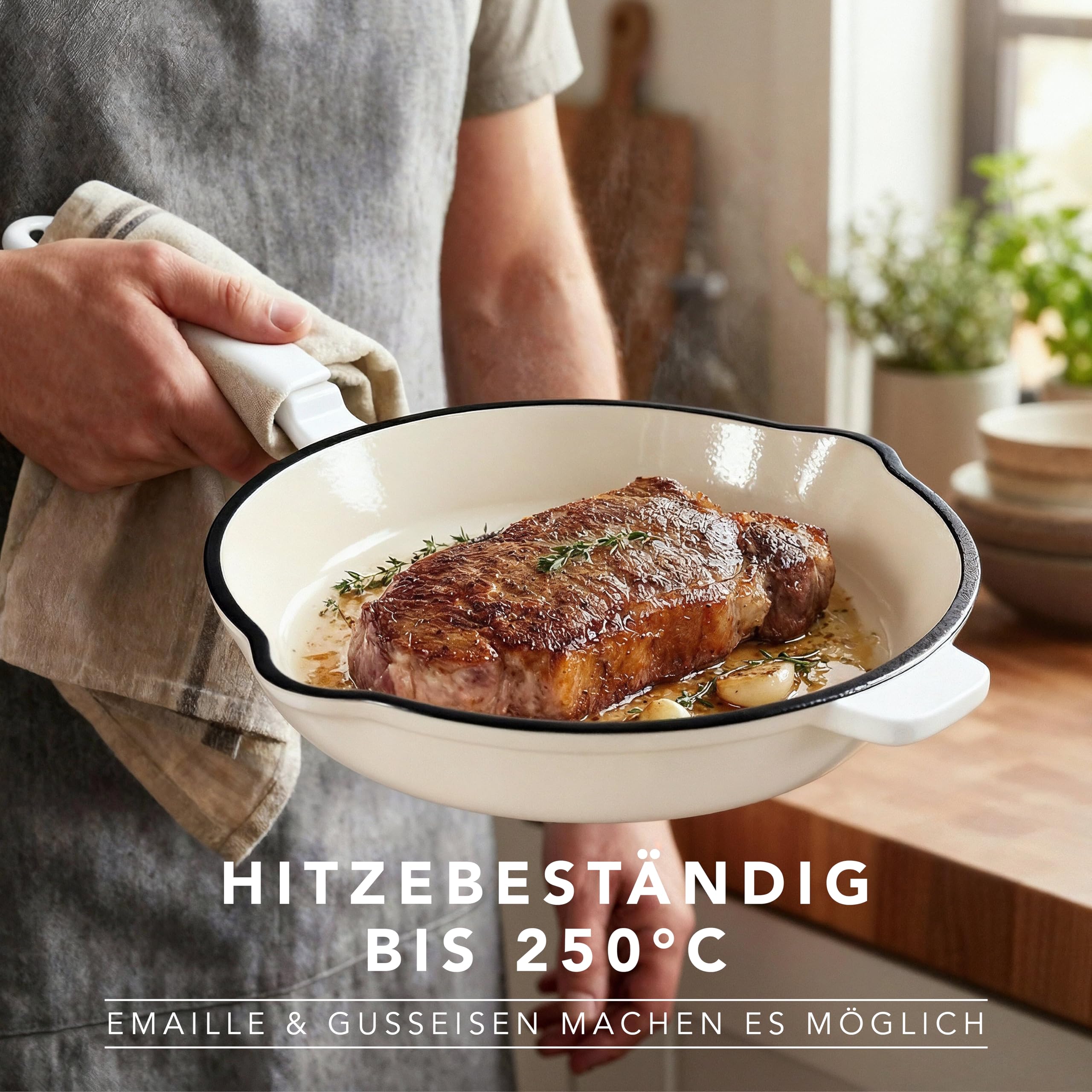 Römertopf - Padella in ghisa da 28 cm, con rivestimento smaltato, per tutti i tipi di fornelli compresi quelli a induzione, adatta al forno a 250 °C, per bistecche, patate, pesce, padelle, senza PFAS