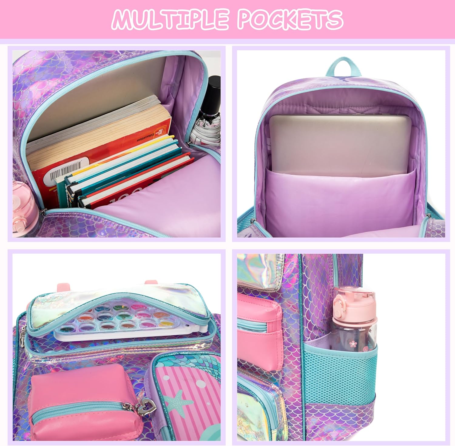 Rolling Backpack for Girls with Wheels Kids Rolling Backpack with Lunch Bag 3PCS Easy and Convenient Mermaid Backpack, Purple