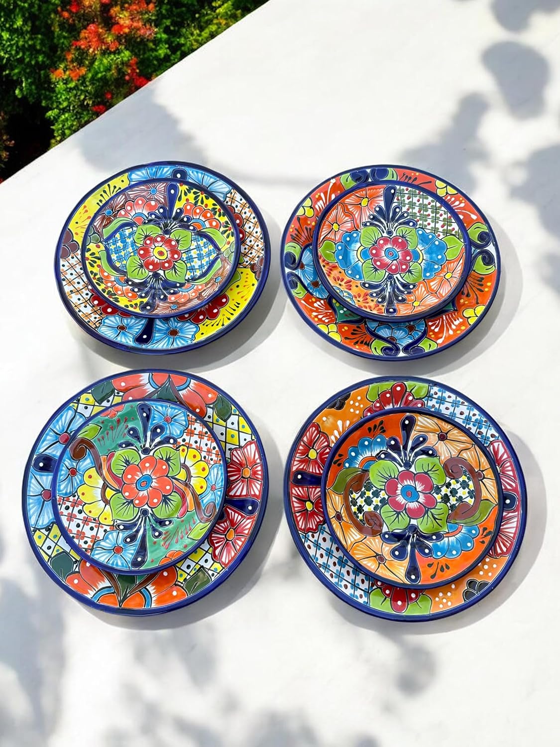 16-Piece Talavera Dinnerware Set | Hand-Painted Mexican Pottery with 4 Large 11.5” Plates, 4 Small 8” Plates, 4 Bowls, and 4 Mugs | Unique, Artisan-Made Ceramic Dish Set