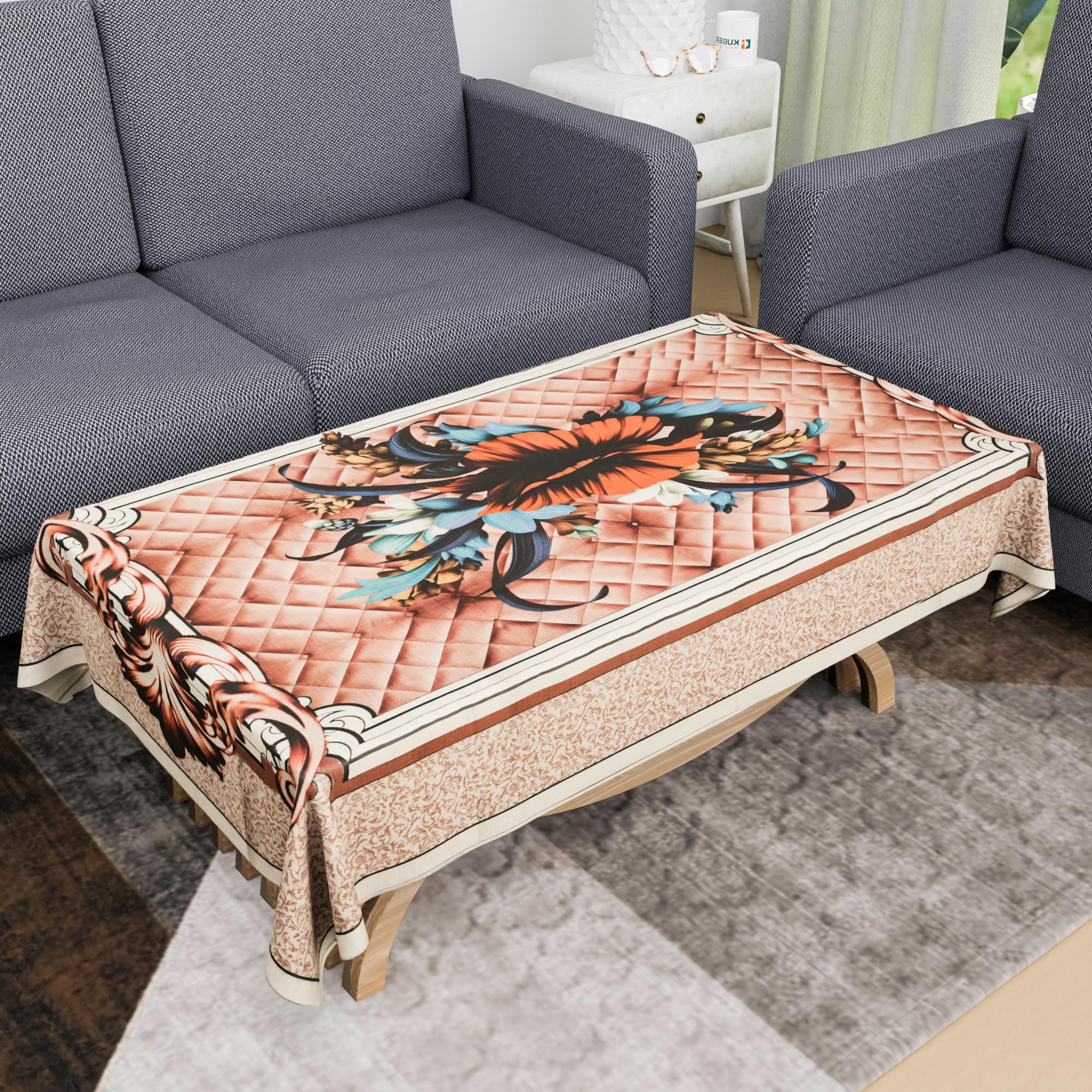 Kuber Industries Center Table Cover | 40x60 Inch | 4 Seater Kitchen Table Cloth | Decorative Table Cover | Tabletop Cover | Cotton Table Cloth | Tea Table Cover | Check Flower | Brown
