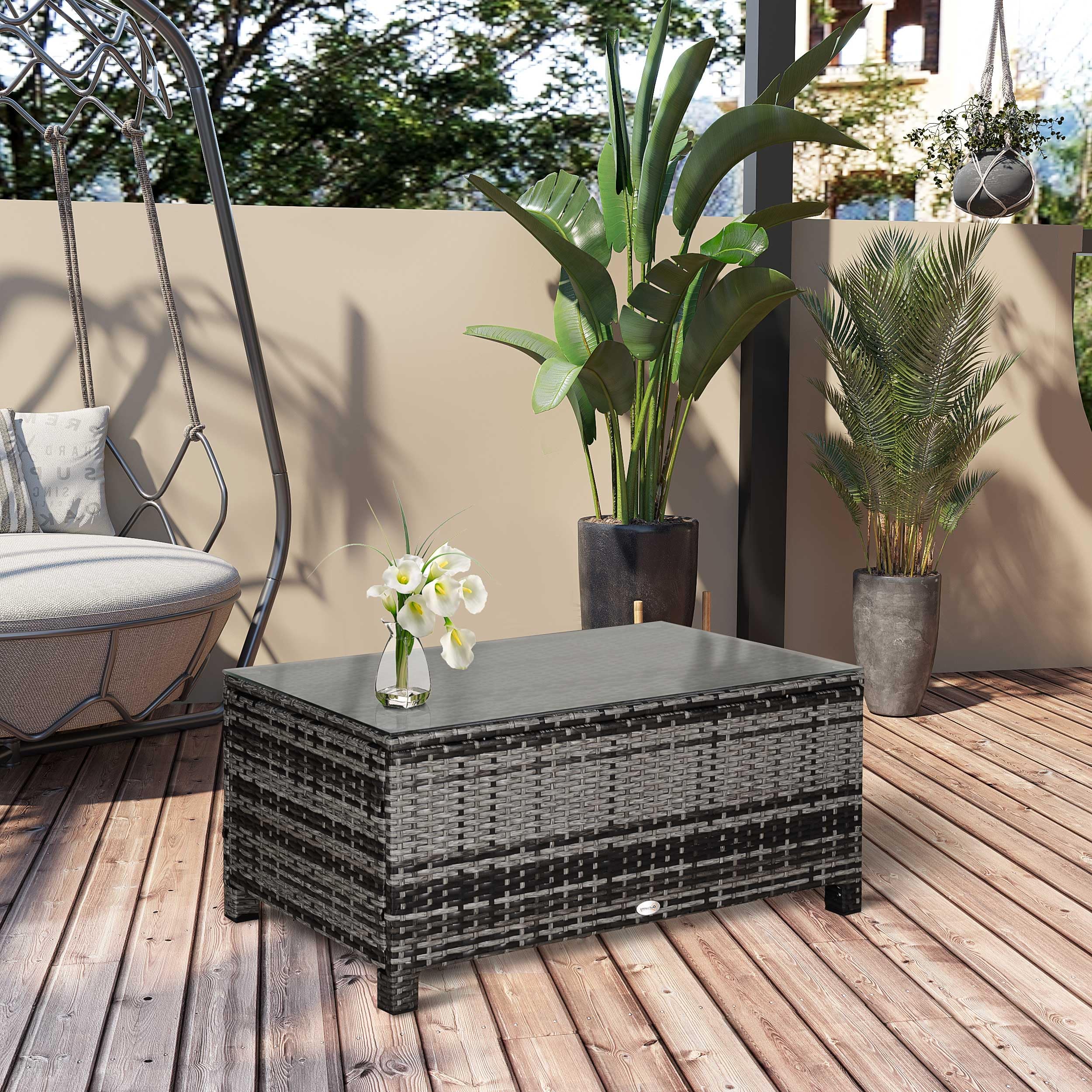 Outsunny Tavolino da giardino rattan sintetico vetro temperato 85x50x39 cm Grigio