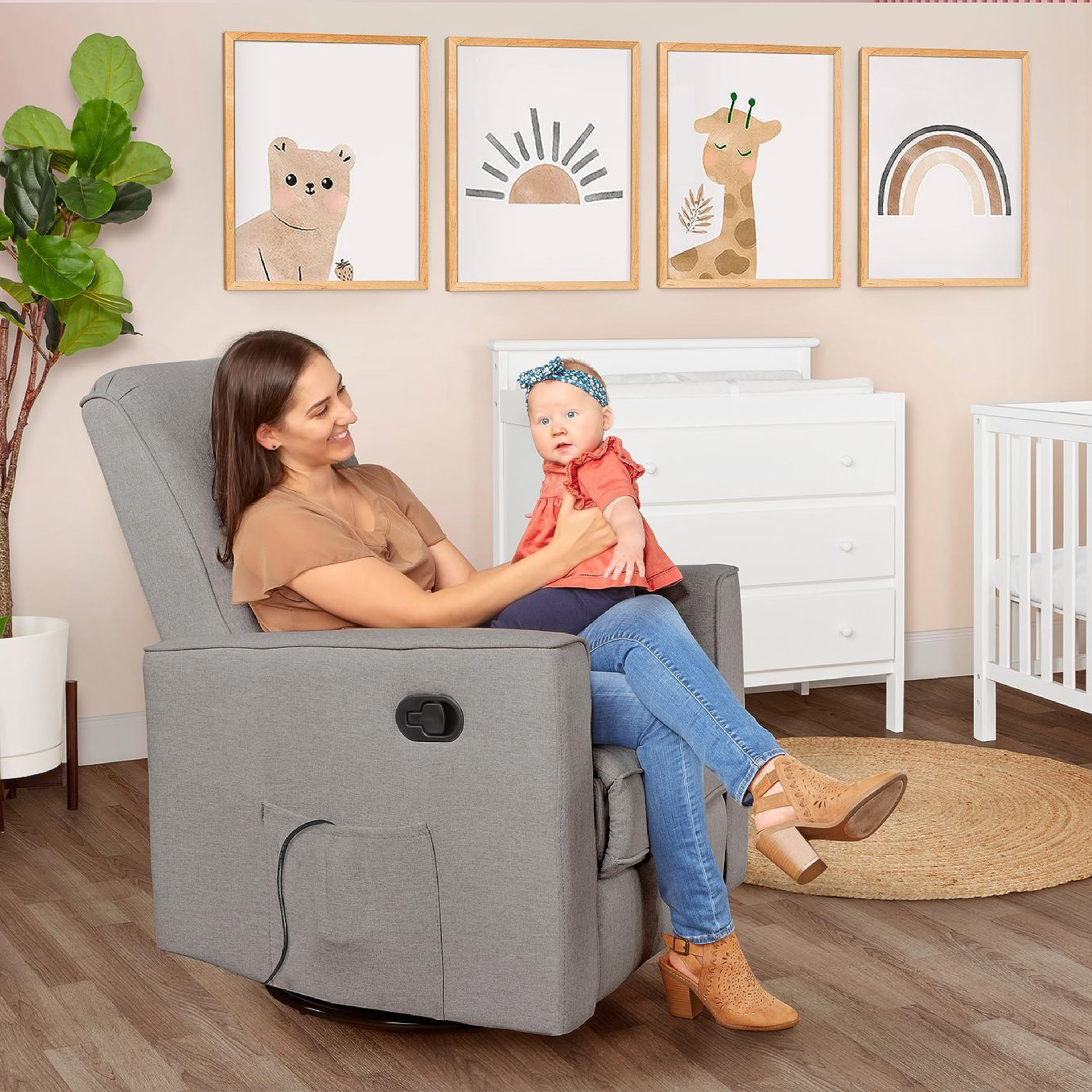 Evolur Raleigh Upholstered Plush Seating Swivel Glider, Rocker, Recliner In Light Grey, Modern Nursery Glider With In-built Massager, Tool-Free Assembly, Easy To Clean, Environmentally Concious Glider