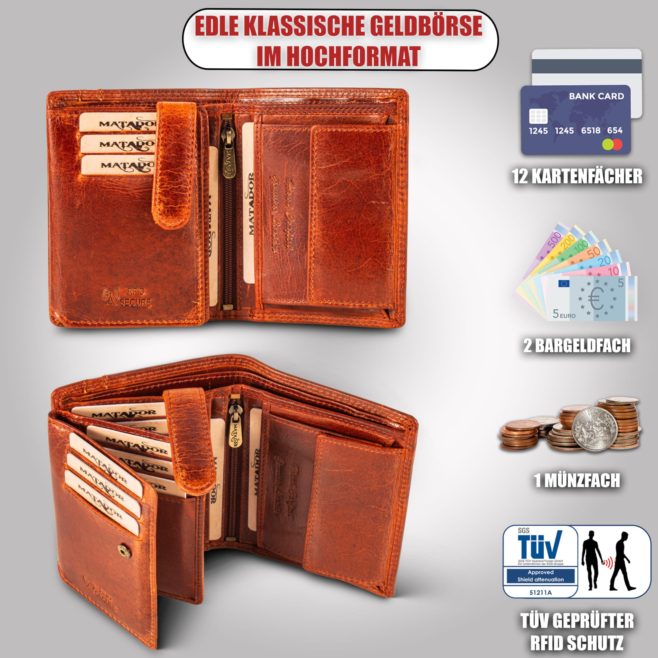 Matador Portafoglio da Uomo in Pelle Con Protezione RFID - Vintage Marrone
