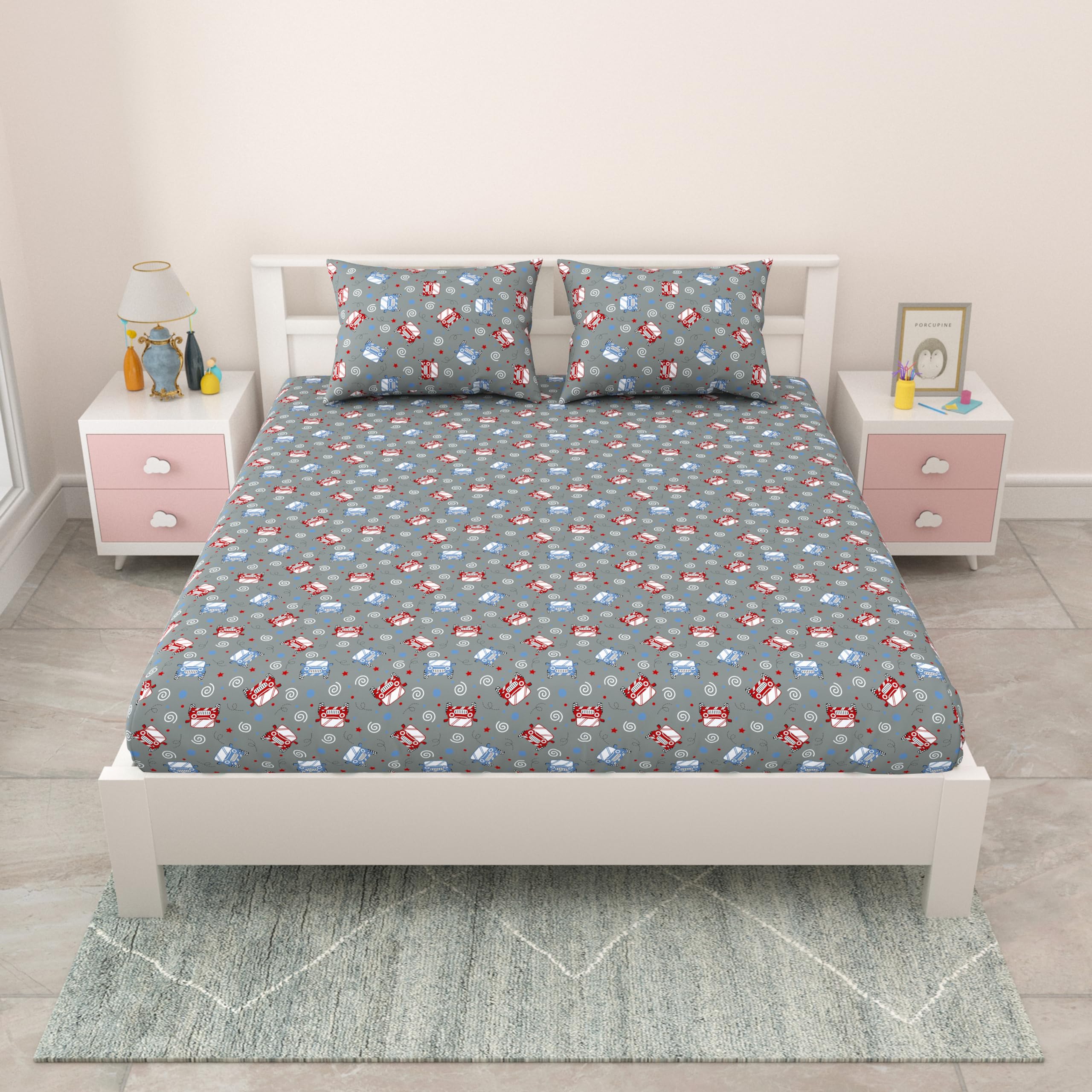 Mafatlal Coo Coo Kids Bed Sheet Double Bed Queen Size with 2 Pillow Covers, Pure Cotton, 144 TC (90x100 inches) β Comfortable Cotton Fabric, Vibrant Cartoon Theme, Mockingbird, for Boys & Girls 1