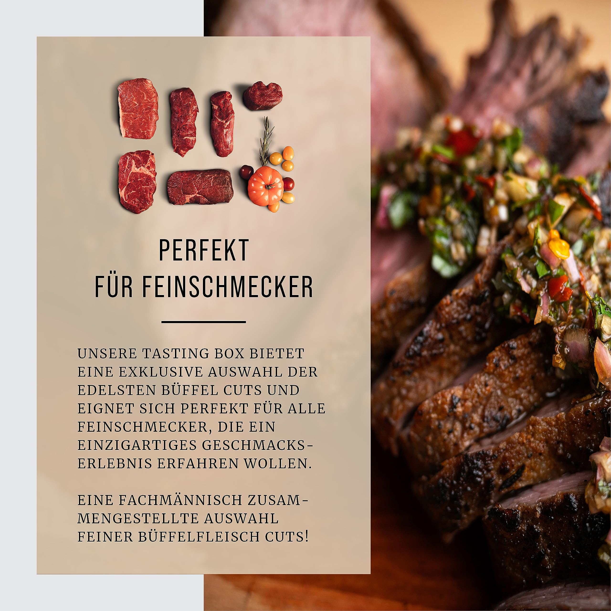 BÜFFEL BILL Tasting Box S - 1kg | Filet Medaillon, Steaks, Rib-Eye, Rumpsteak & Hüftsteak I Zart-saftige Büffelfleisch Cuts I Perfekt zum probieren