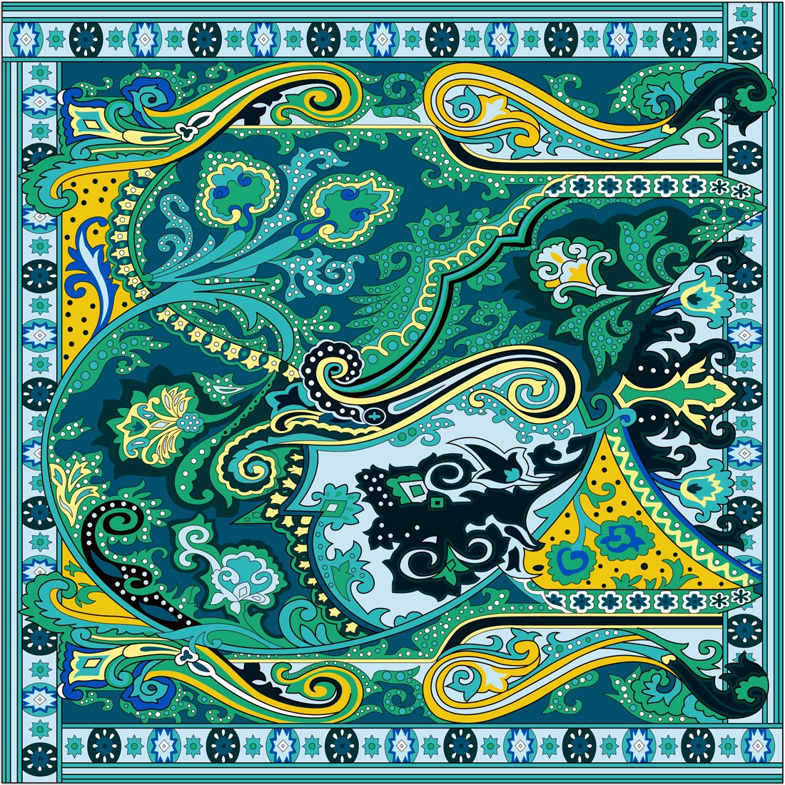 Lorenzo Cana - Luksusowa damska chusta jedwabna, 100% jedwab, XL satynowa chusta satynowa 110 cm x 110 cm misternie wielobarwny nadruk kolorowy, turkusowo-benzynowy złoty, 110 x 110 cm