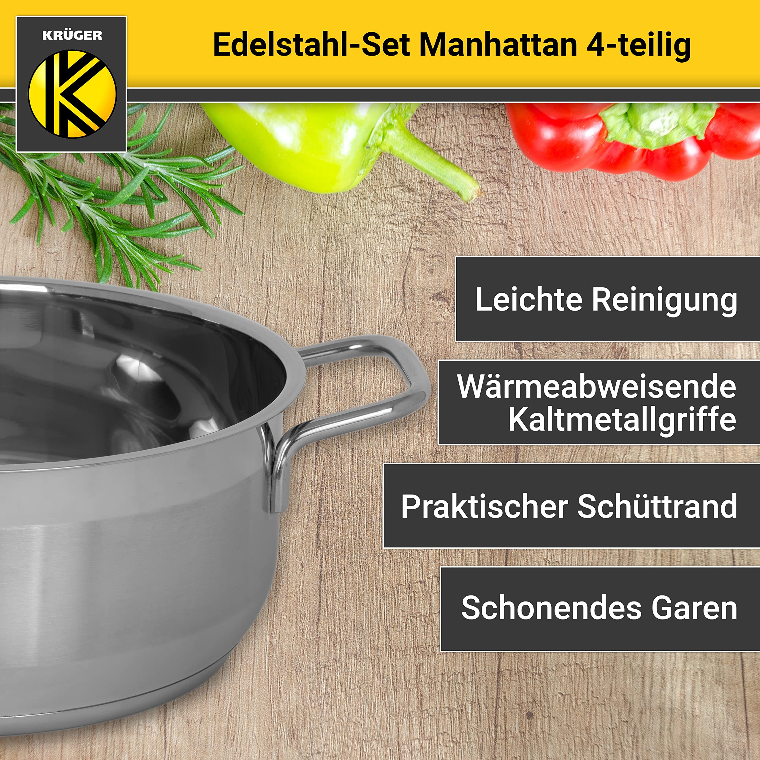 Krüger Edelstahl Topfset Manhattan 4-teilig|3 Töpfe mit Deckel & Stieltopf