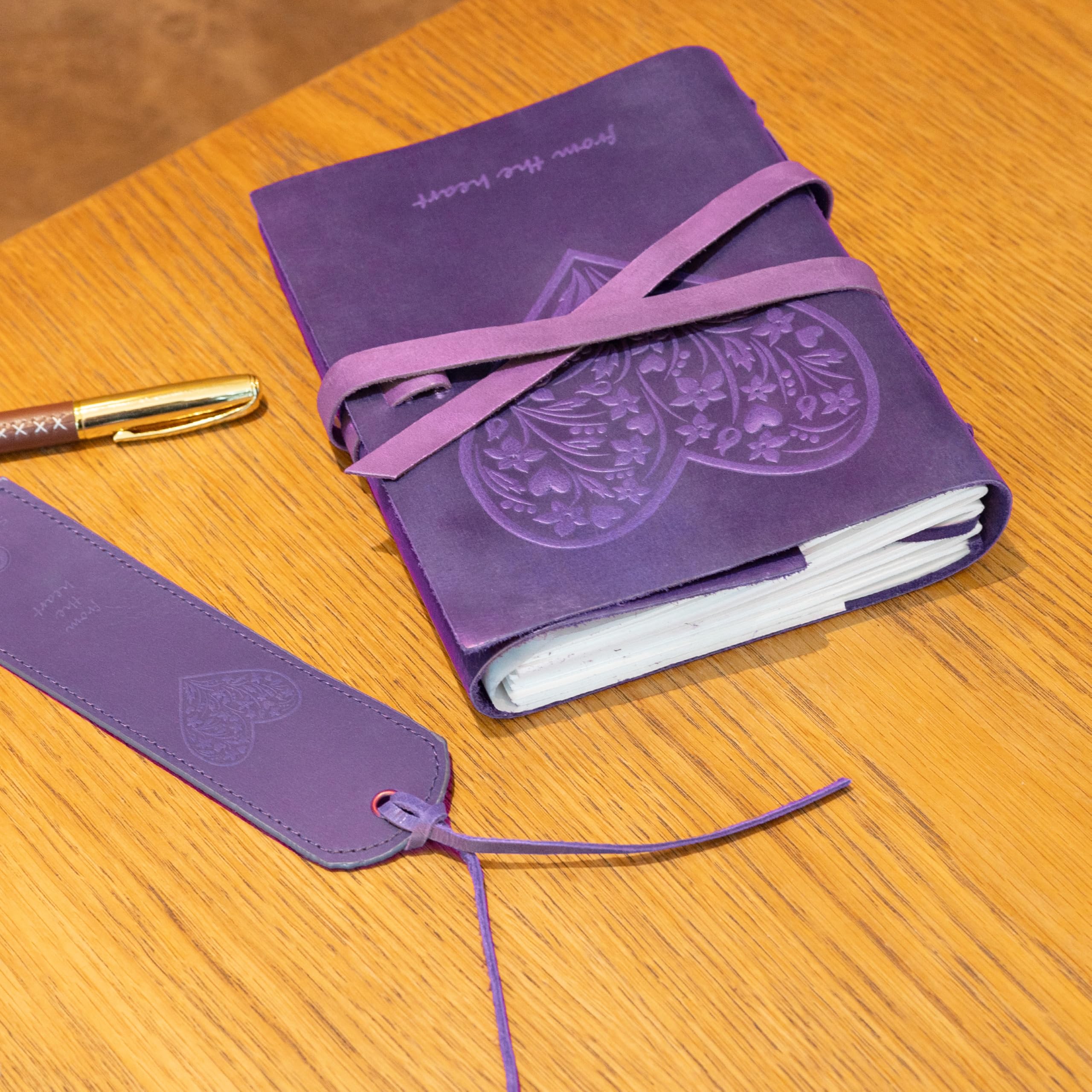 Leather Journal Embossed Purple Heart Gift Set + Antique Leather Bookmark + Pen, Handmade Writing Notebook 8x6 Inches Unlined Bound Daily Notepad For Men & Women, Luxury Gift Box for all ages
