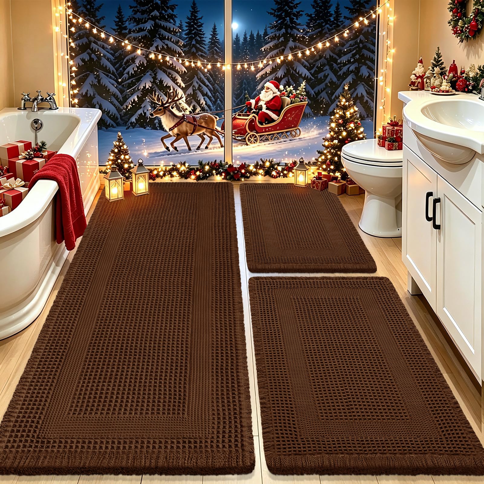 IM HOME Waffle Bath Mat Set 3 Piece, Boho Woven Modern Bath Rug Absorbent Non Slip, Soft Bathroom Mats, Machine Washable Knit Bath Rugs with Tassels for Bathroom, Bedroom, Kitchen, Shower, Tub, Brown