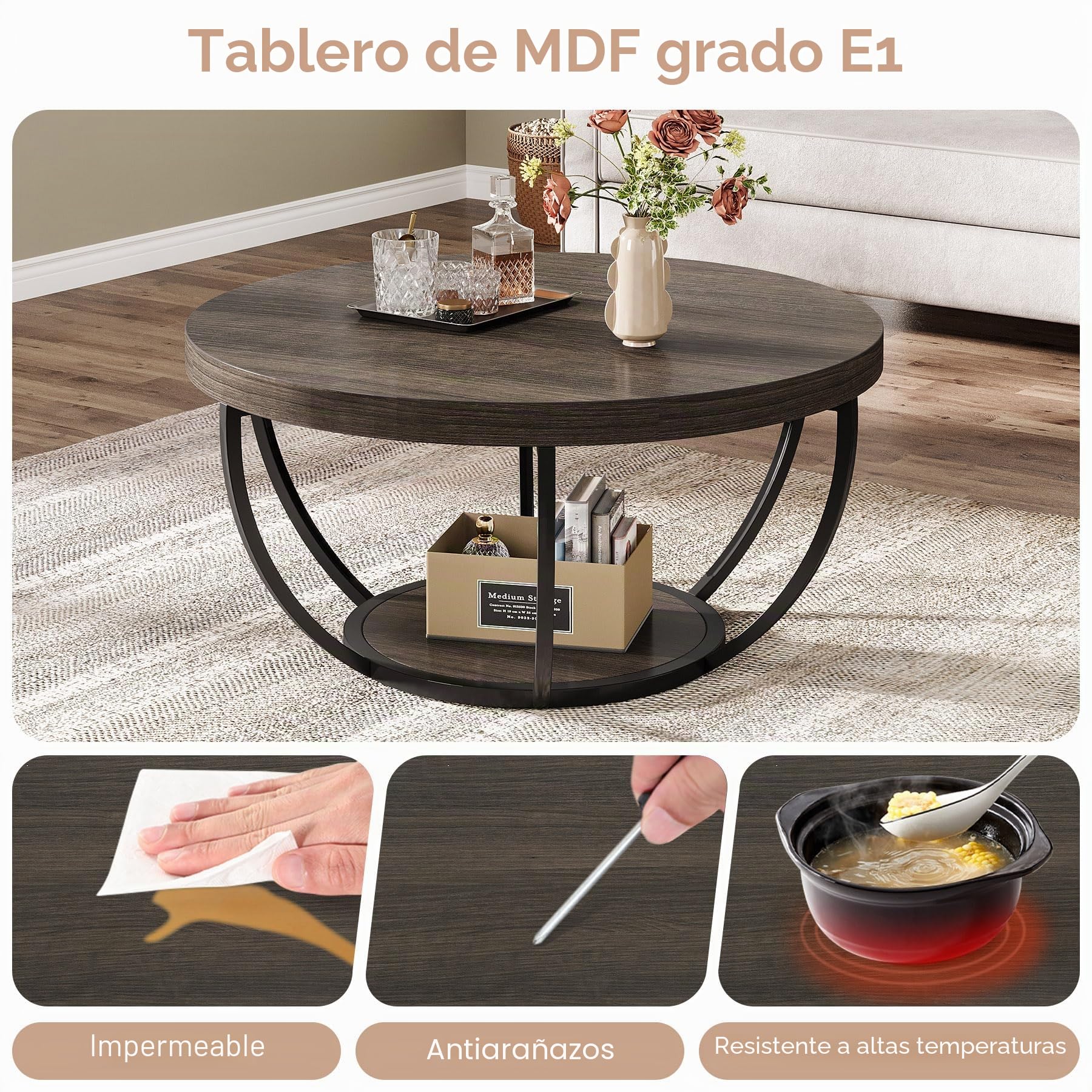Tribesigns Mesa de Centro Redonda, 80 cm Mesa de Café Industrial Circular de 2 Niveles, Mesita Baja Sofá, Mesa Central Moderna de Madera para sofá, Mesa Auxiliar para Sala de Estar, Gris