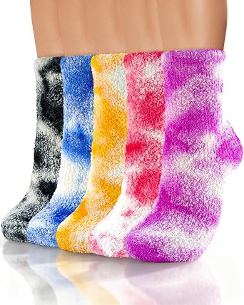 TEHOOK 5 Pairs Tie Dye Fuzzy Socks for Gifts Christmas Stocking Stuffers, Soft Cozy Warm Fluffy Socks for Kids, Teen Girls, Women