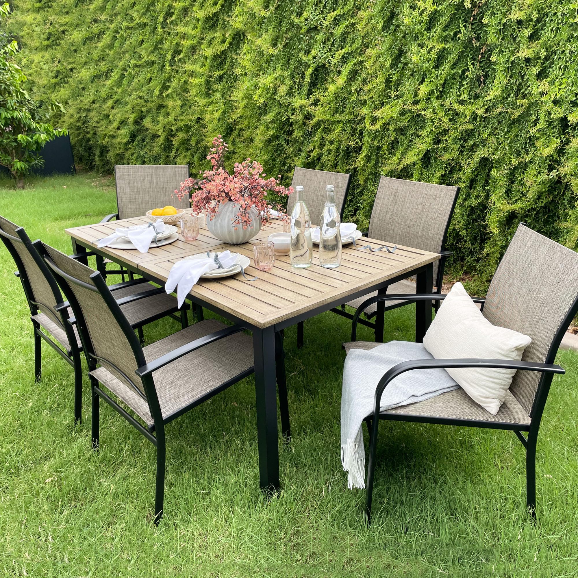 MIXPATIO 7 Pieces Patio Table and Chairs Set, Patio Dining Set for 6, 6 Textilene Chairs and 1 Wood-Like Rectangle Steel Table with Umbrella Hole, for