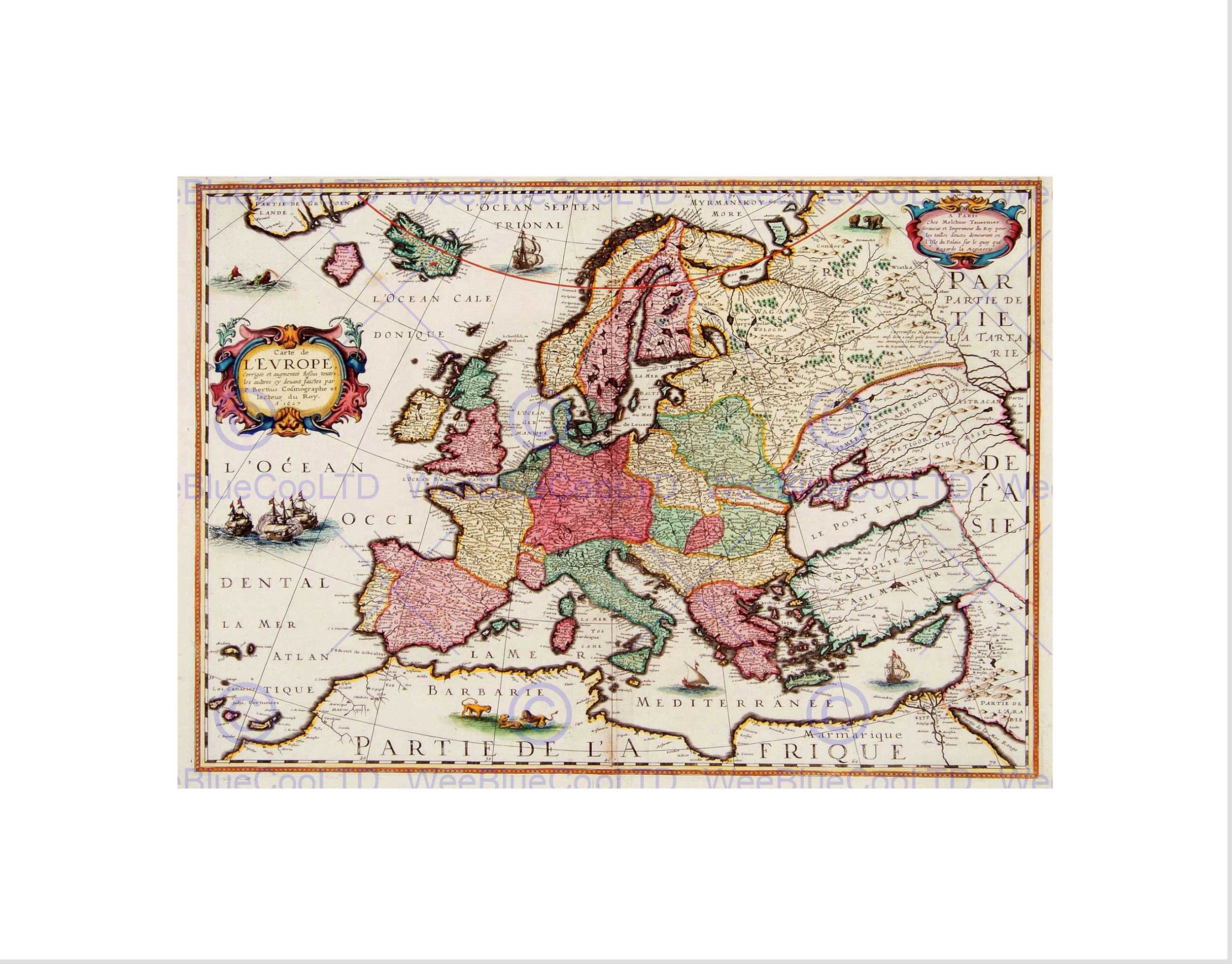 Wee Blue Coo Map Antique Europe Ocean Africa Bertiuss Picture Wall Art Print