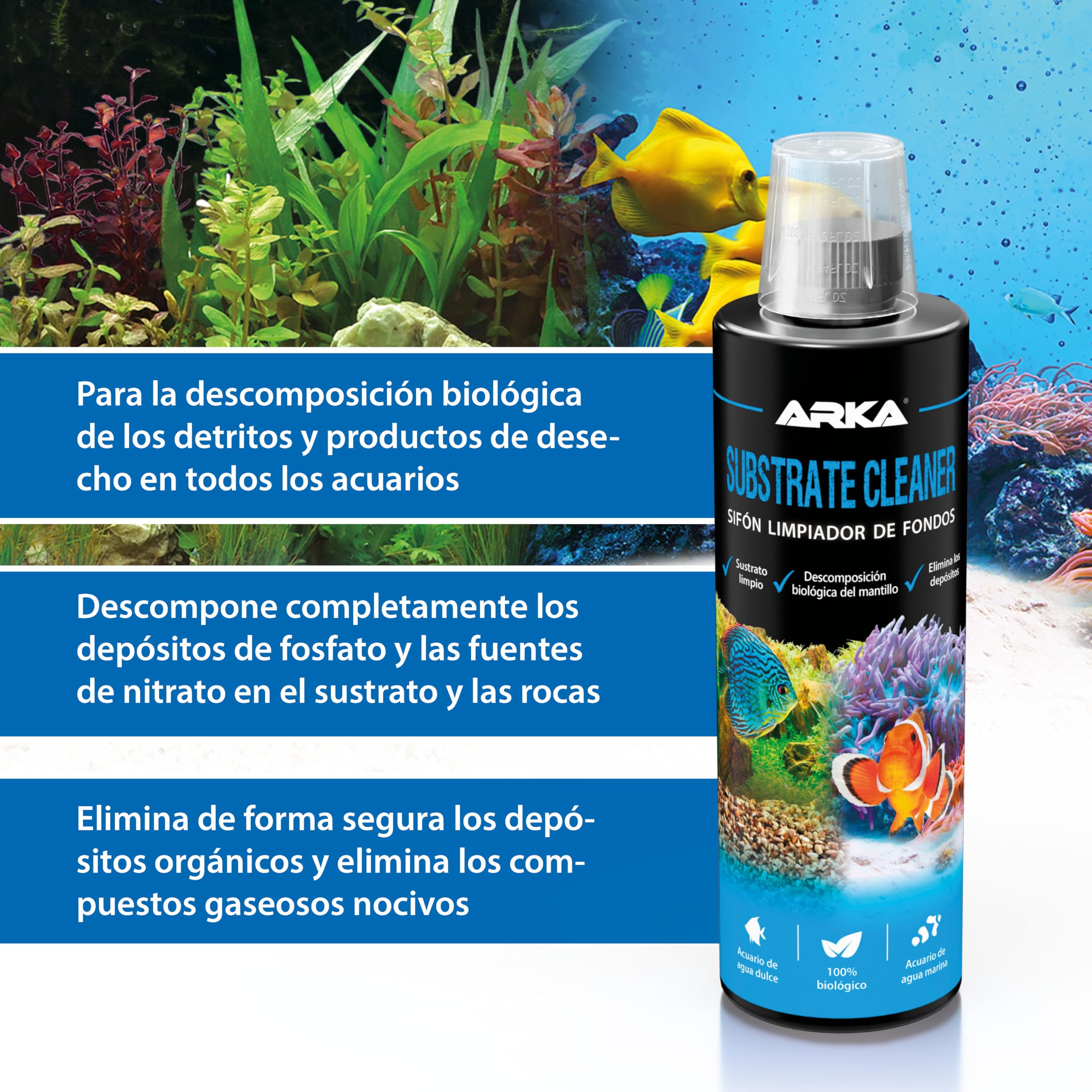 Limpiador Fondo Acuario 236 ml – ARKA Substrate Cleaner – 100% biológico con bacterias vivas – Elimina Lodo, restos y Suciedad – sin sifón ni Tubo – Agua Clara en Dulce y Marino