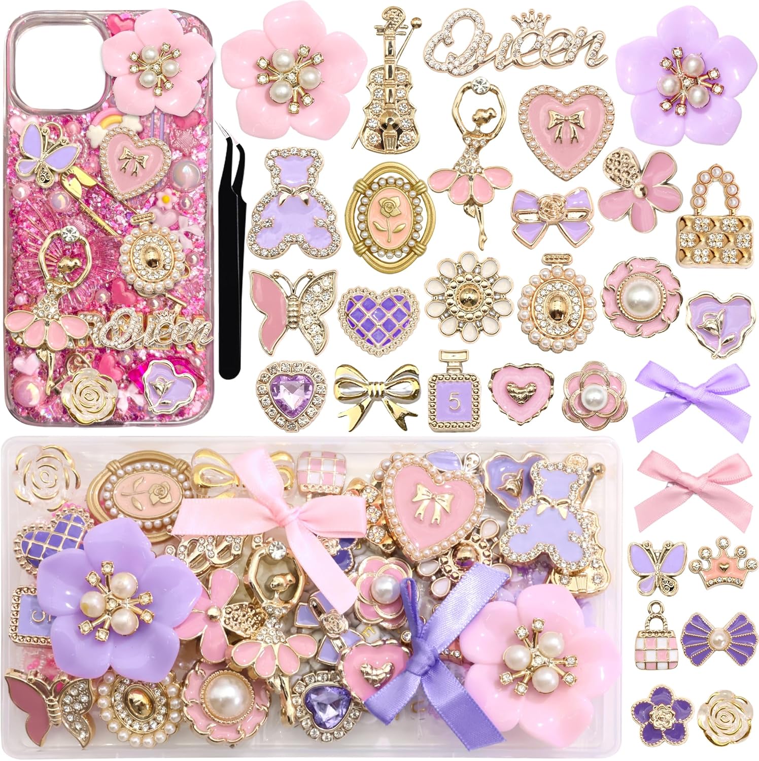 BELICEY Junk Case Charms Kit Elegant Bow Flower Charm for Junk Cases Pink Purple Heart Butterfly Phone Case Charms 3D Gold Bear for Customizing DIY Craft