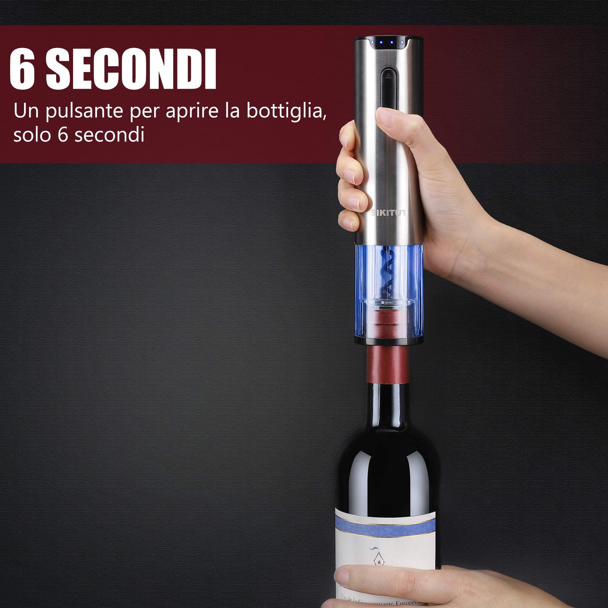 Cavatappi Elettrico Professionale Acciaio Inossidabile con Indicatore LED Batteria e Base Ricarica USB