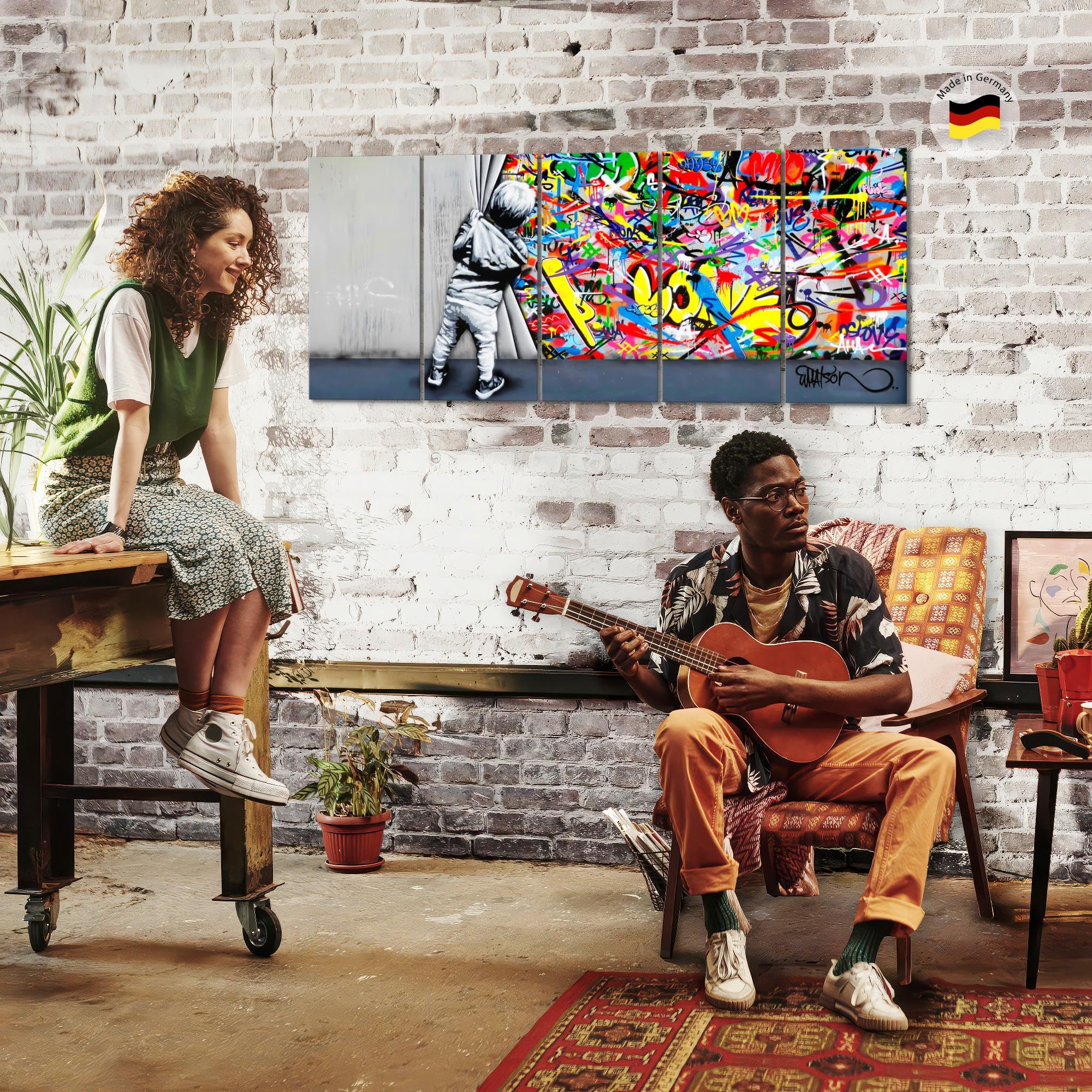 Runa Art Tableau Decoration Murale - XXL 200 x 80 Cm - Behind the Curtain Graffiti - 5 Parties - Street Art - 043555a