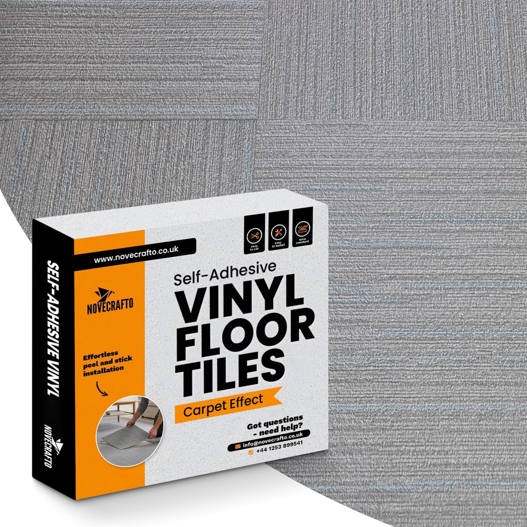 NOVECRAFTO Vinyl Floor Tiles Self-Adhesive – 60 Pack, 45 x 45cm (12.54m² Coverage) Carpet Effect Peel & Stick Floor Tiles – Easy to Clean Durable Vinyl Flooring for Kitchen, Living Room & Office