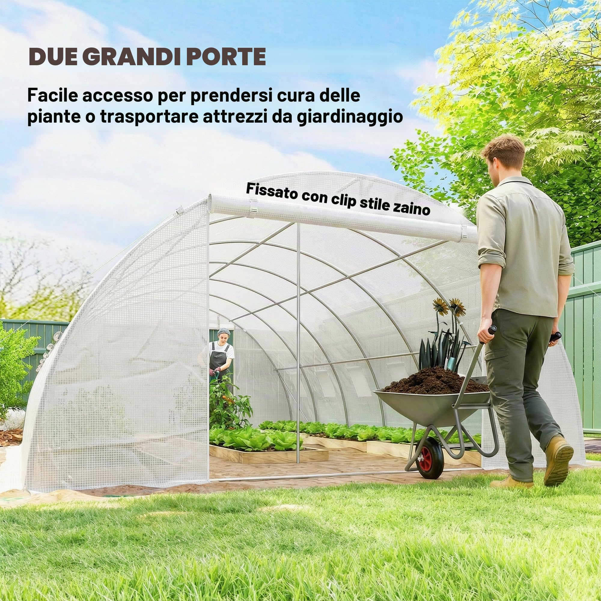 Outsunny Serra da esterno 6x4x2 m, Serra a tunnel con 2 aste di supporto, porte avvolgibili, finestre con rete, copertura in PE e telaio in acciaio zincato, anti-UV, impermeabile, bianca