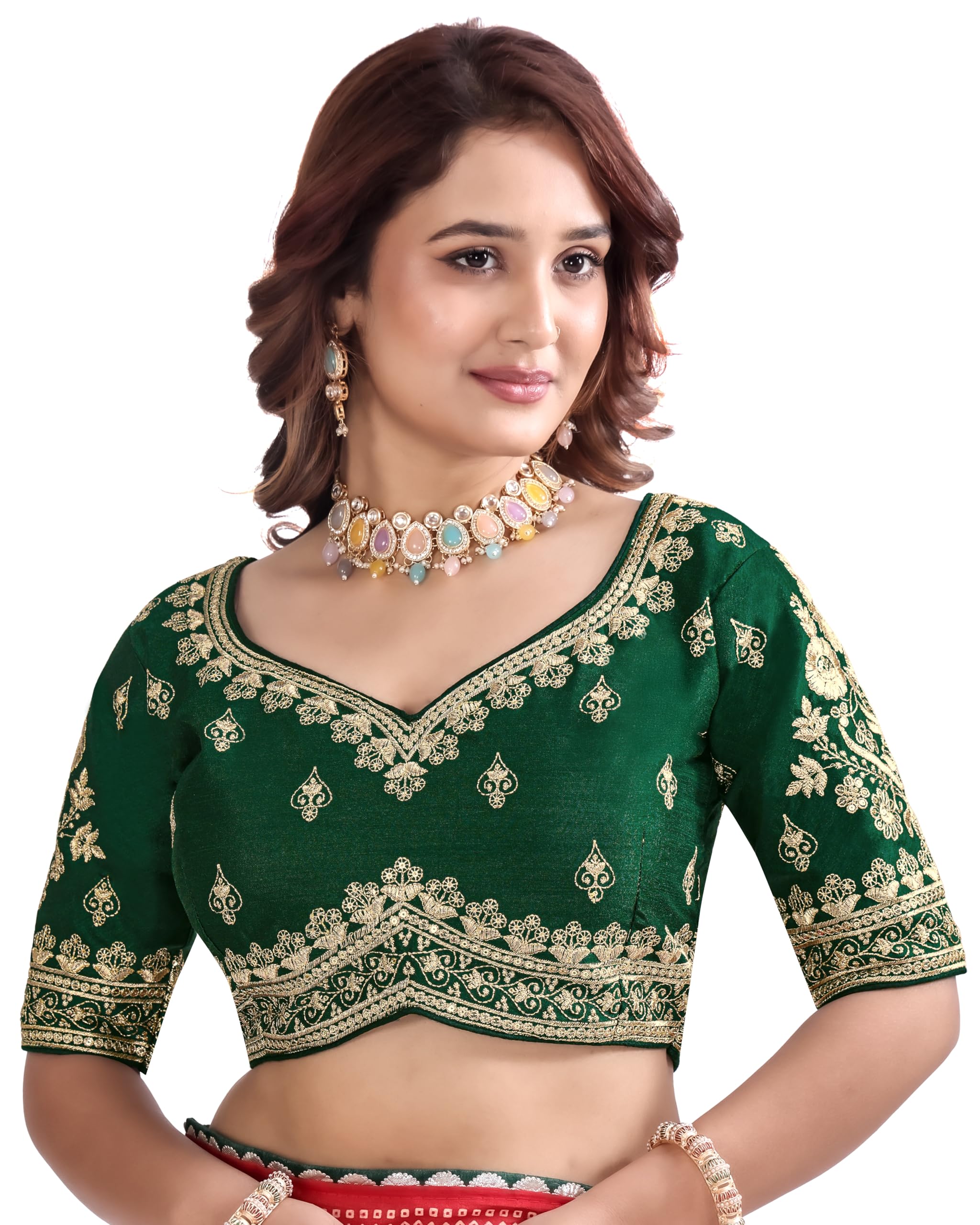 Women Mono Bangalore Floral Zari Embroidery Work Short Sleeve Round Neck Back Open Deep Back Readymade Saree Blouse-image-36