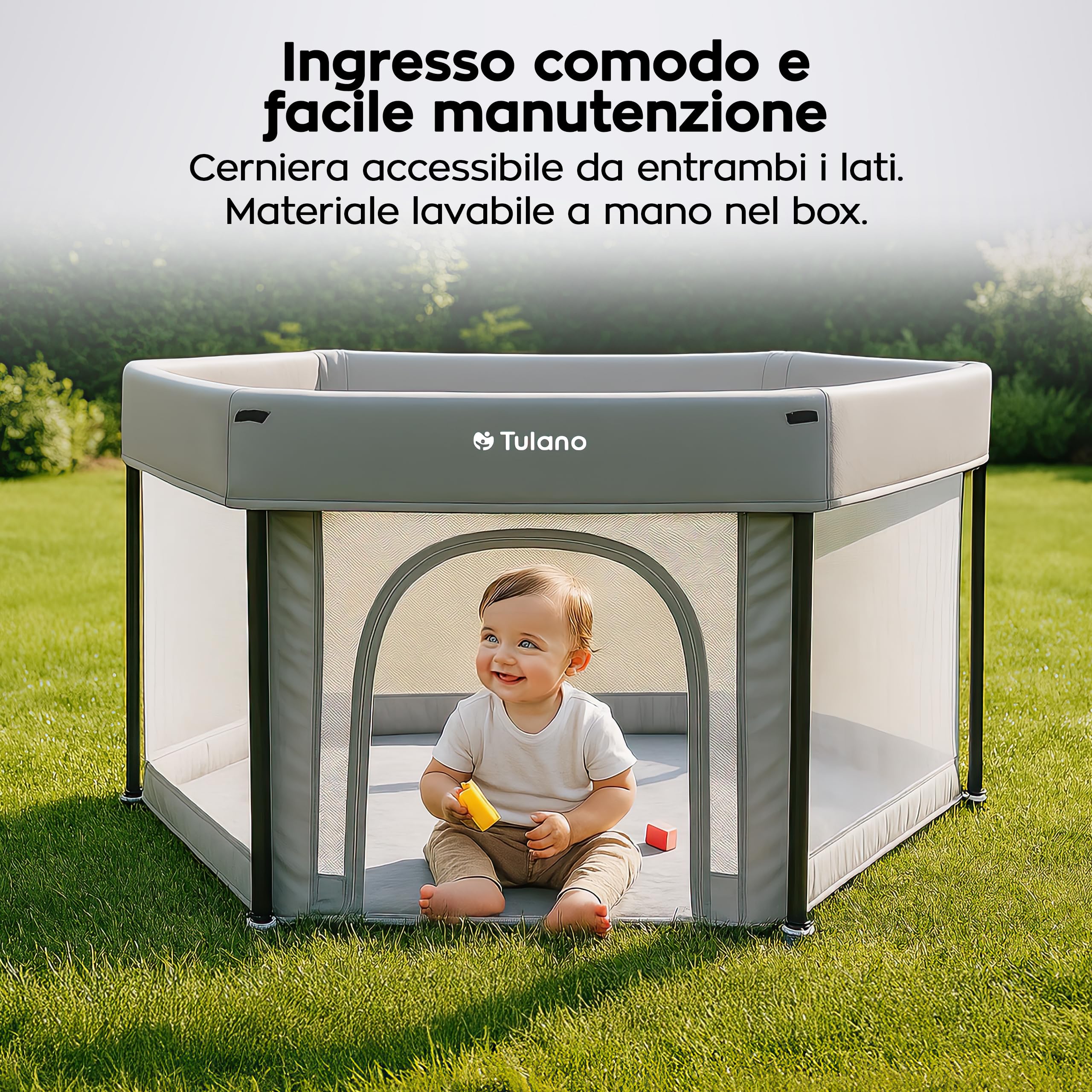Tulano Cozy 30 Box per Bambini 125x125 cm – da 6 a 36 mesi – Recinto Neonato con Fondo – Struttura in Metallo – Rete Traspirante – Porta con Cerniera – Borsa Inclusa – Casa e Giardino – Grigio