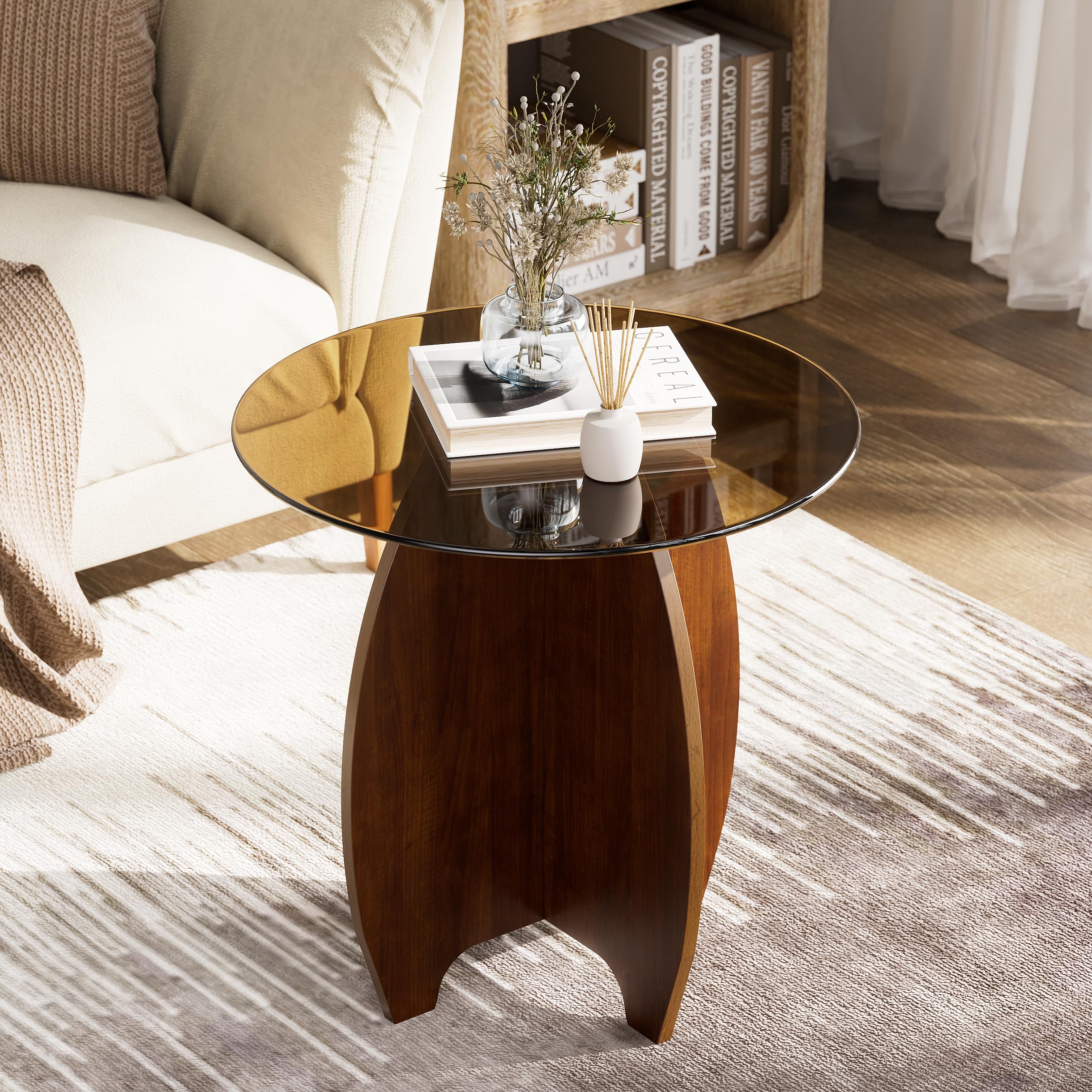 PAKASEPT Round Glass Coffee Table for Living Room, Mid Century Modern Center Table with Tempered Glass Top, Small Circle Coffee Tables for Home,