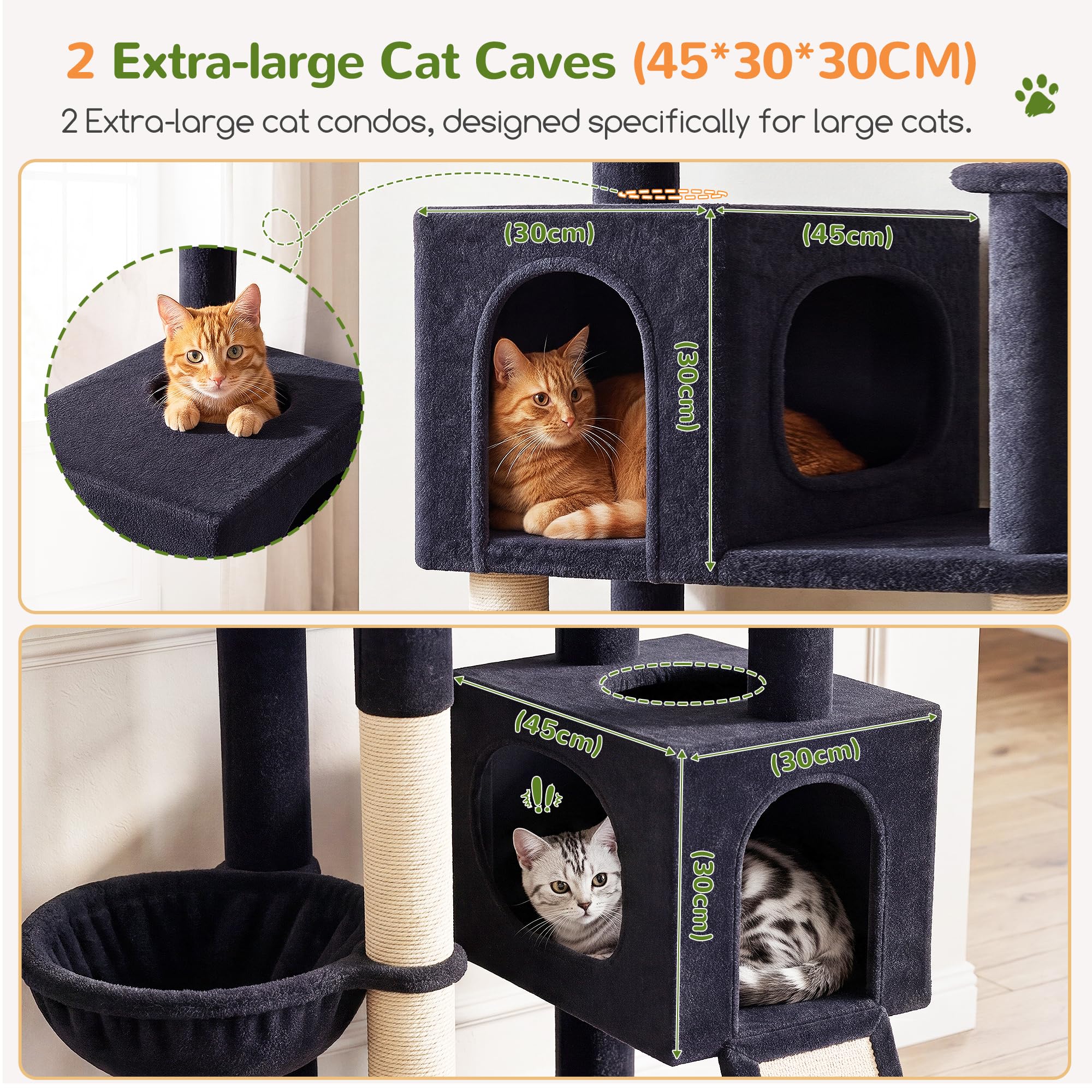 Globlazer Árbol Rascador XXL 209 cm para 2/3/4 Grande Gatos Interiores F82C | Estabilizar Árboles de actividades para gatos con Hamaca Rampa de sisal para Gatitos Gatos adultos Gatos mayores